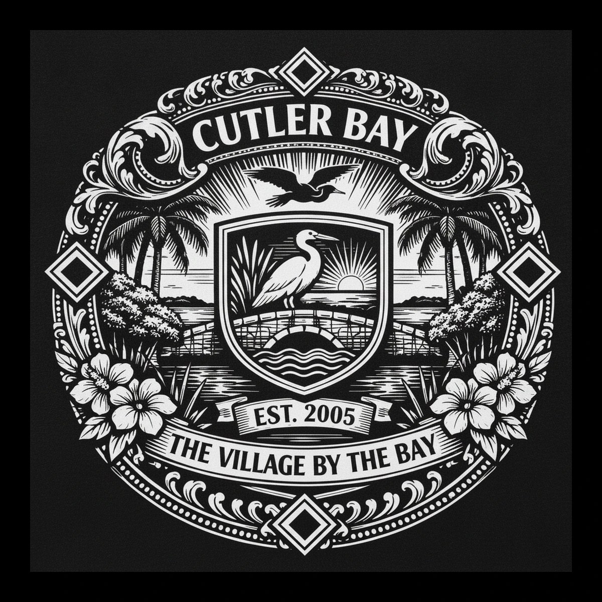 Monochrome circular medallion featuring a central shield with a wading bird on an arched bridge, a low sun with radiating rays and a flying bird above, flanked by two palm trees, hibiscus clusters at the bottom, and.