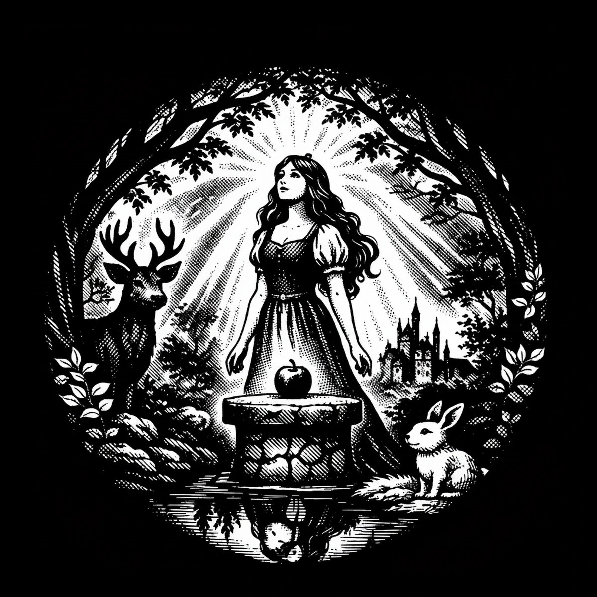 Monochrome engraved scene of a backlit woman standing behind a stone plinth topped by an apple, with a stag to the left, a rabbit to the right, a reflecting pool beneath, and a distant castle silhouette framed by.