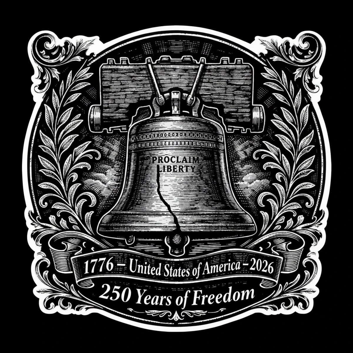 White-on-black engraved emblem showing a centered Liberty Bell with a vertical crack and the words PROCLAIM LIBERTY, a wooden headstock above, laurel branches at the sides, and two ribbons below reading 1776 - United.