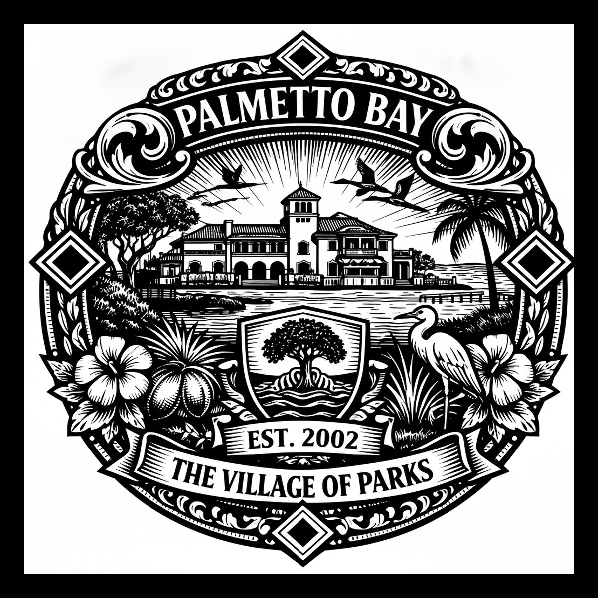 Circular black-and-white Palmetto Bay emblem with waterfront building, sunburst, tree, palm, hibiscus, wading bird, civic shield, EST. 2002, and THE VILLAGE OF PARKS.
