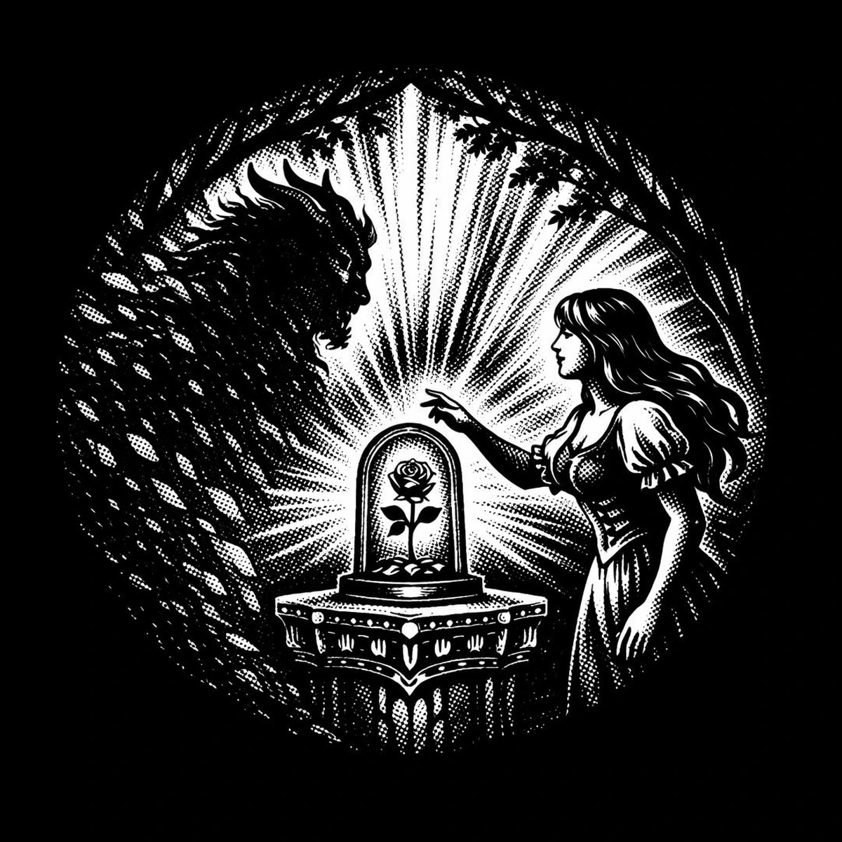 Monochrome circular vignette showing an ornate pedestal with a glass dome containing a single rose, a woman in profile reaching toward it on the right, and a horned beast silhouette on the left, all lit by radiating.