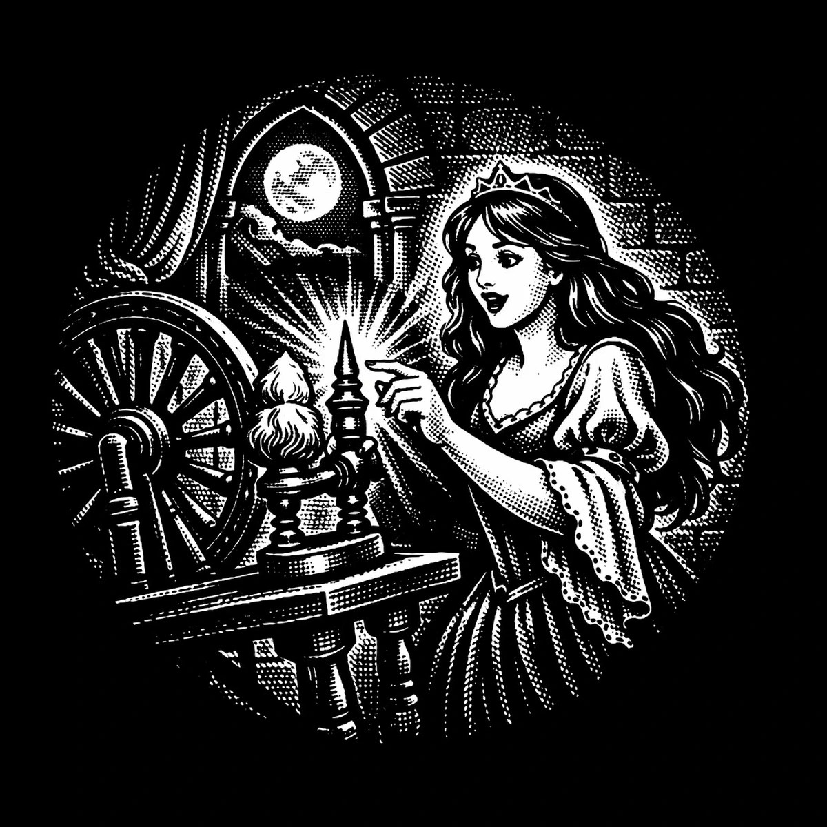 High-contrast engraved scene of a young woman wearing a small pointed tiara reaching toward a glowing pointed spindle on a tabletop in front of a spinning wheel, with a full moon visible through an arched window and a.