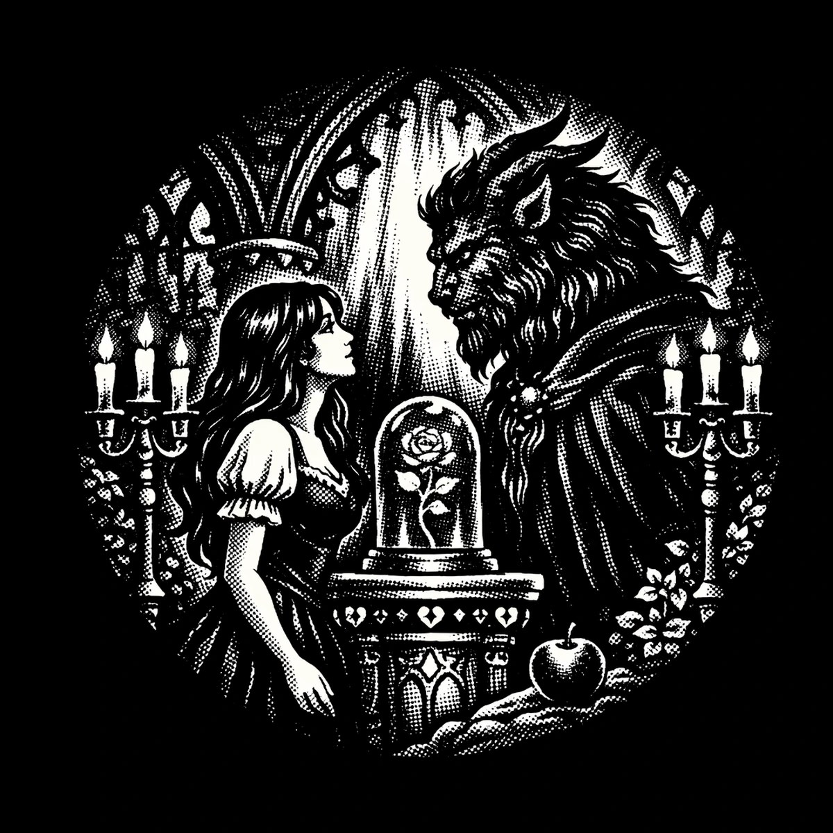 Black and white engraving of a woman (left) and a beastlike humanoid (right) facing each other with a glass dome containing a rose on an ornate pedestal between them; gothic window tracery at top, candelabra at sides.