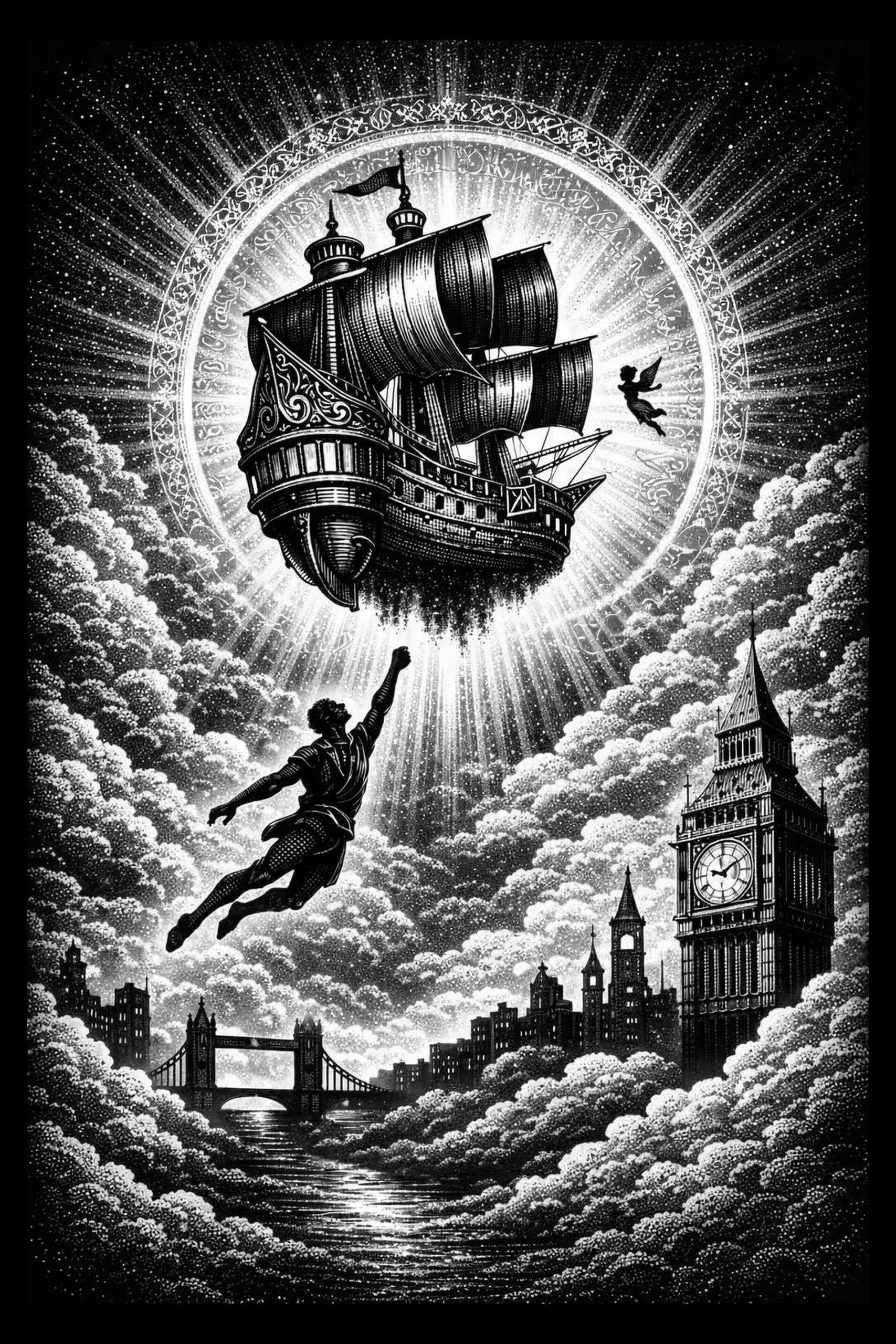 Black-and-white engraving of an ornate three-masted galleon centered in a radiant circular halo above dense cloudbanks, two silhouetted flying figures reaching toward the ship, a narrow reflective river below, a.