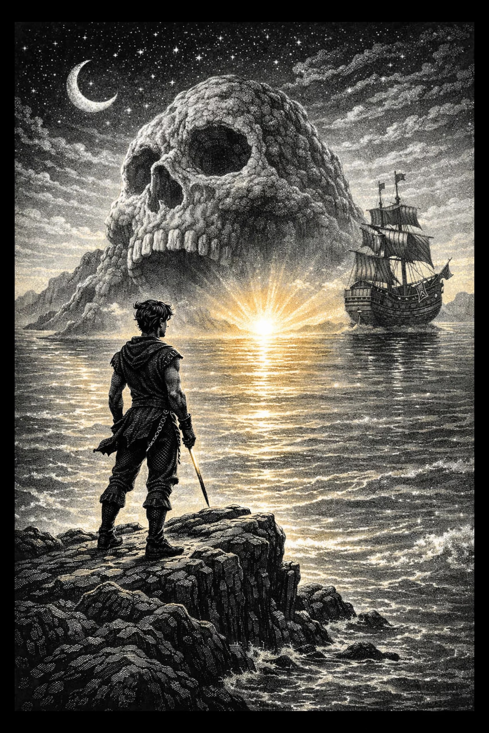 Engraved scene: lone figure with sword stands on rocky promontory at left, golden light on the horizon slightly right of center, skull-shaped island above the light, three-masted ship in middle-right, crescent moon and.