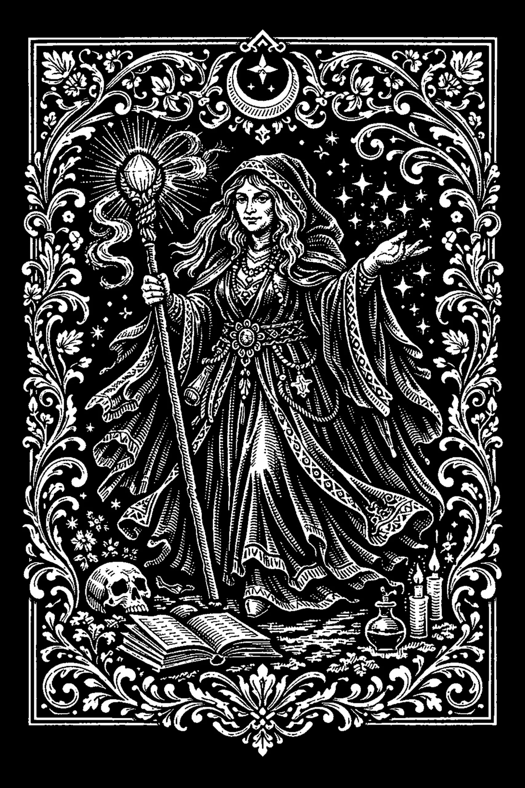 White-line illustration on black: a full-length hooded robed figure centered in a foliate rectangular border, holding a tall staff topped with a faceted crystal and extending an open right hand with small stars above.