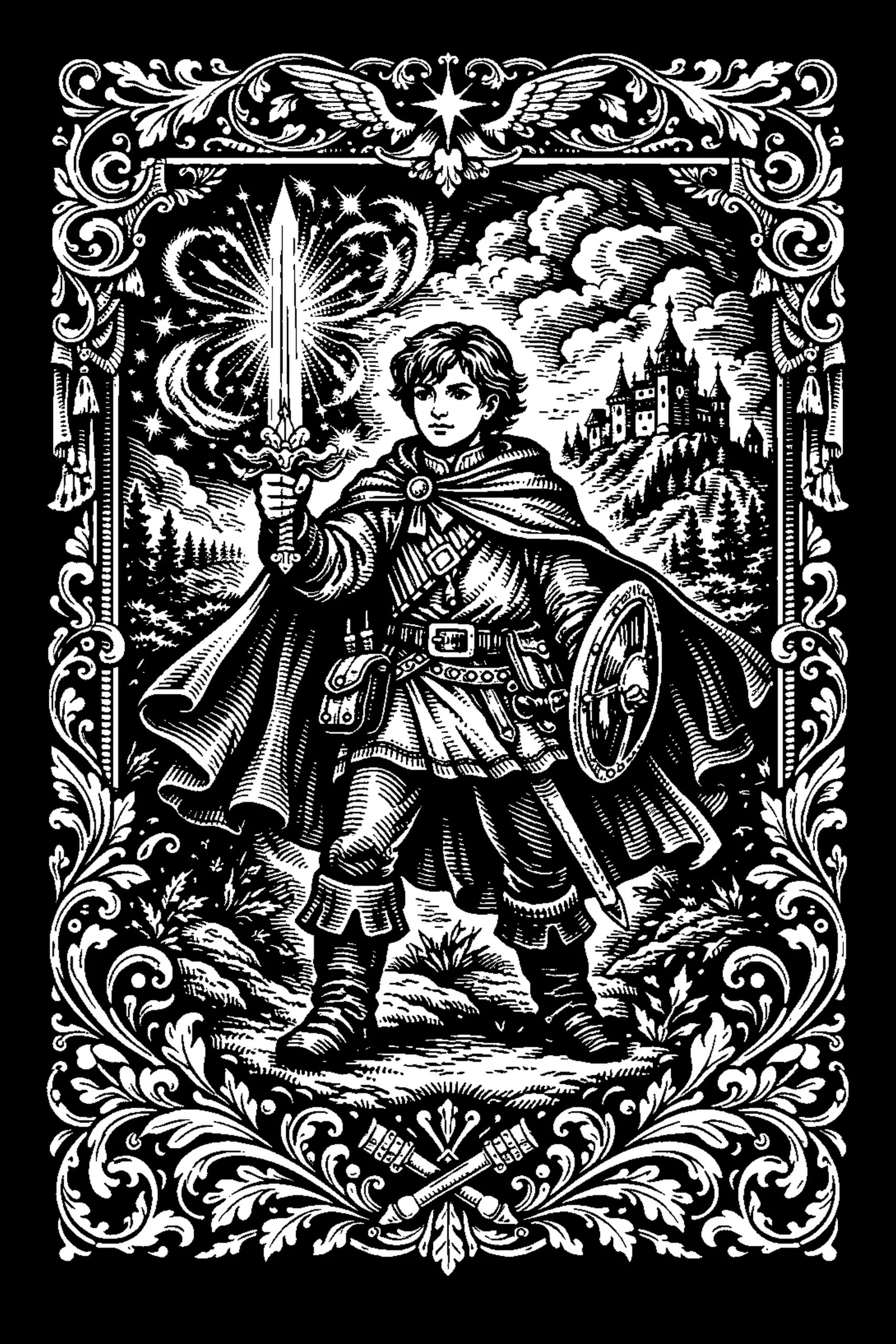 High-contrast engraved illustration of a young cloaked figure standing with a raised ornate sword and a round shield, set before hills and a turreted castle, enclosed in an ornate foliate border.