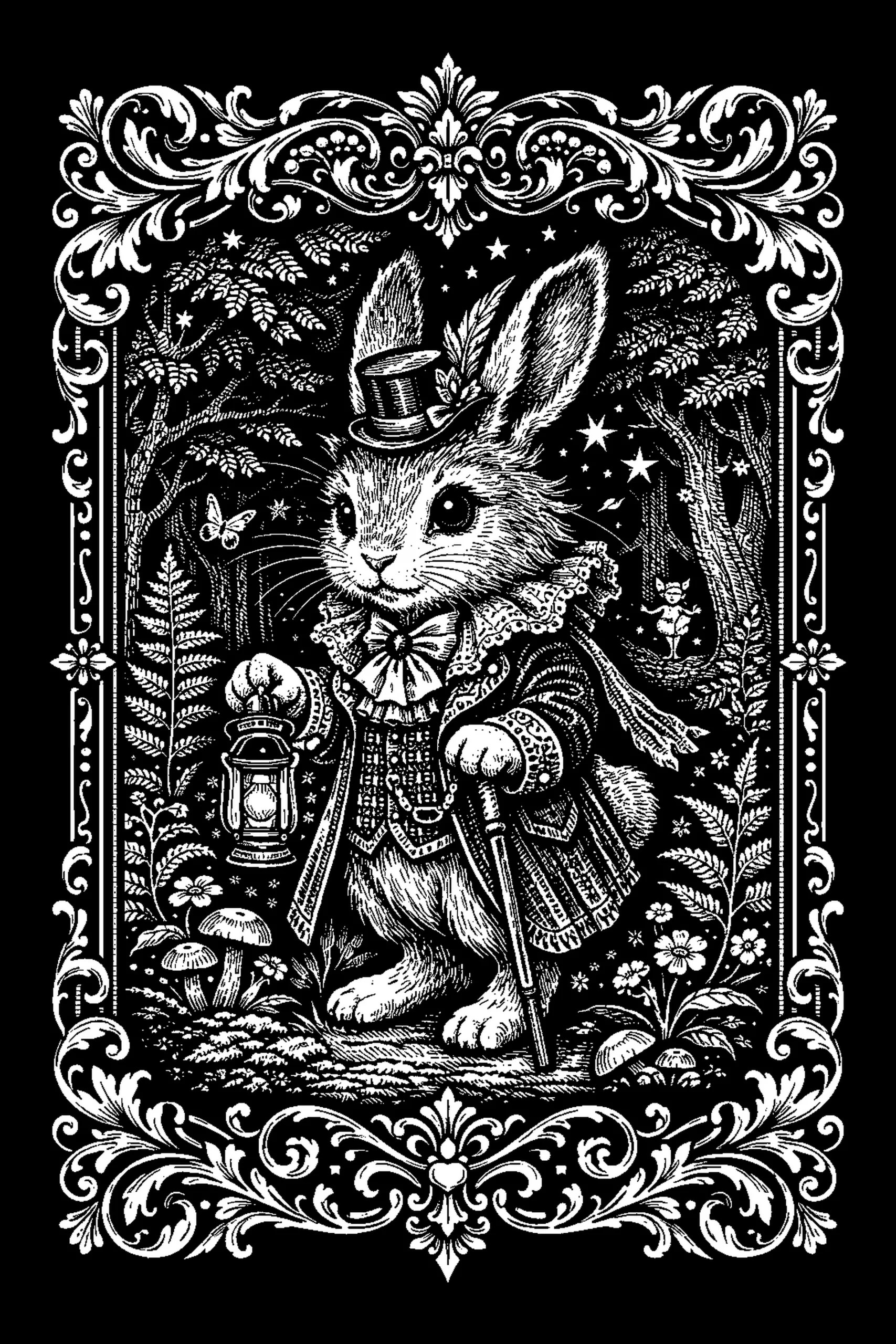 White-on-black engraved illustration of an upright anthropomorphic rabbit wearing a top hat, ruffled collar and coat, holding a glowing lantern and a cane, surrounded by ferns, mushrooms, a tiny humanoid figure in the.