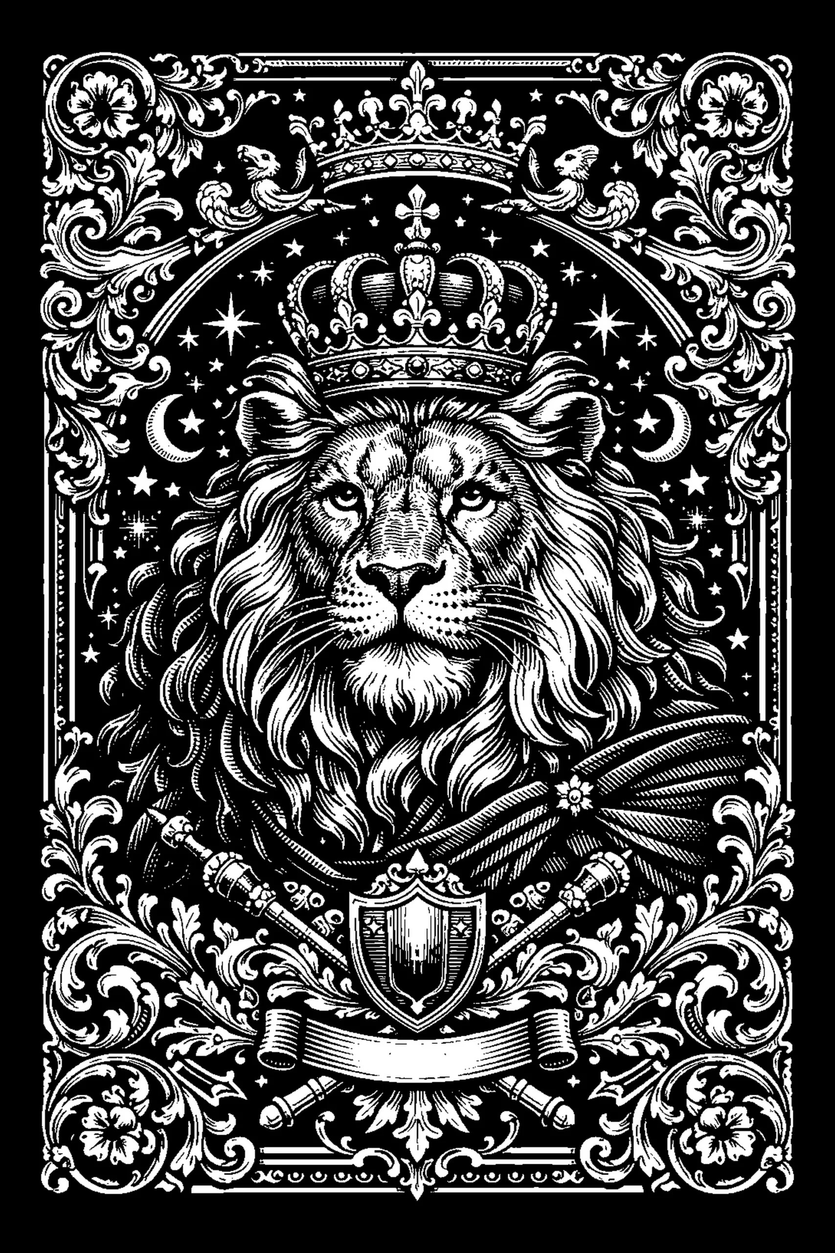 Frontal crowned lion portrait centered in a symmetrical heraldic composition with a semicircular starfield, two stacked crowns, a draped mantle with brooch, a hatched shield and crossed scepters, and dense acanthus.