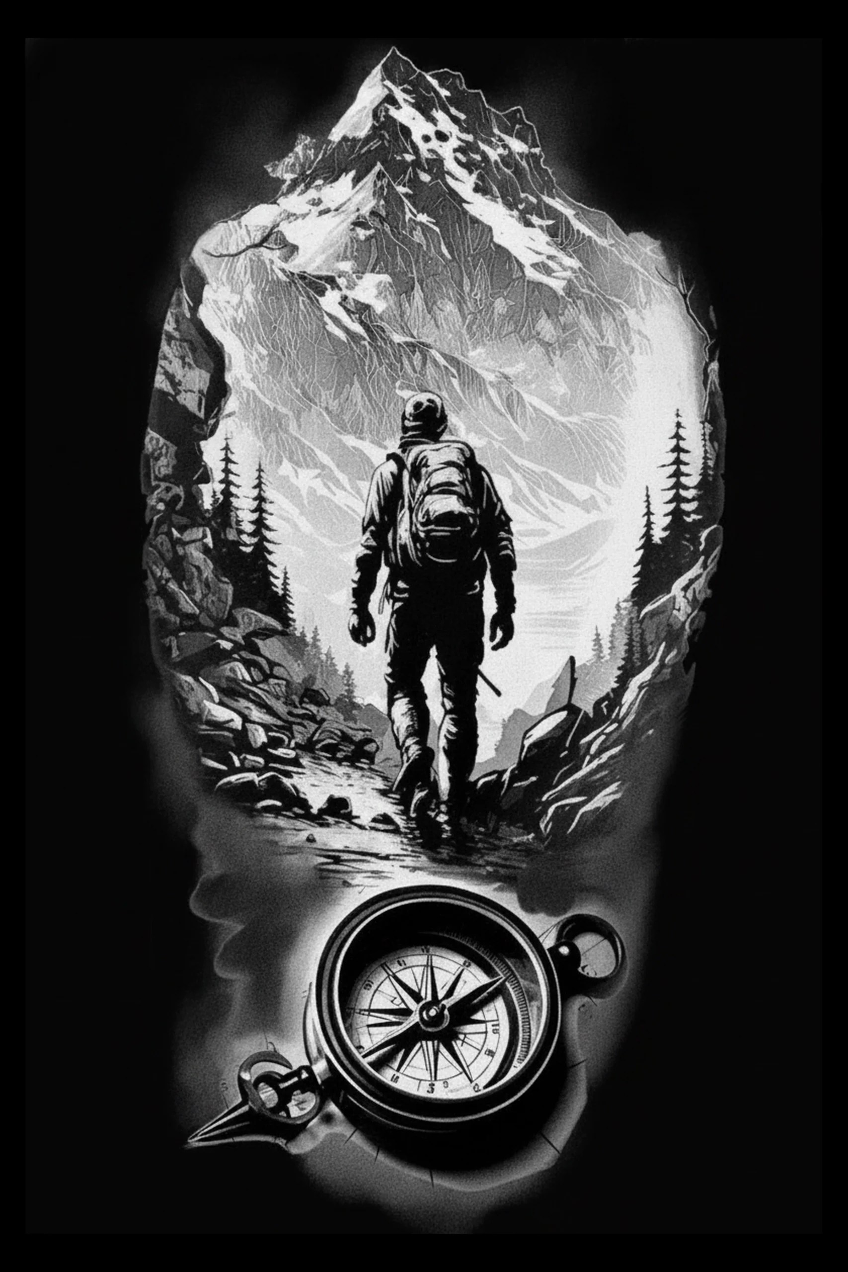 Monochrome illustration of a lone hiker seen from behind walking up a rocky trail toward a tall, snow-streaked mountain peak, with a detailed compass in the foreground and flanking conifer silhouettes.