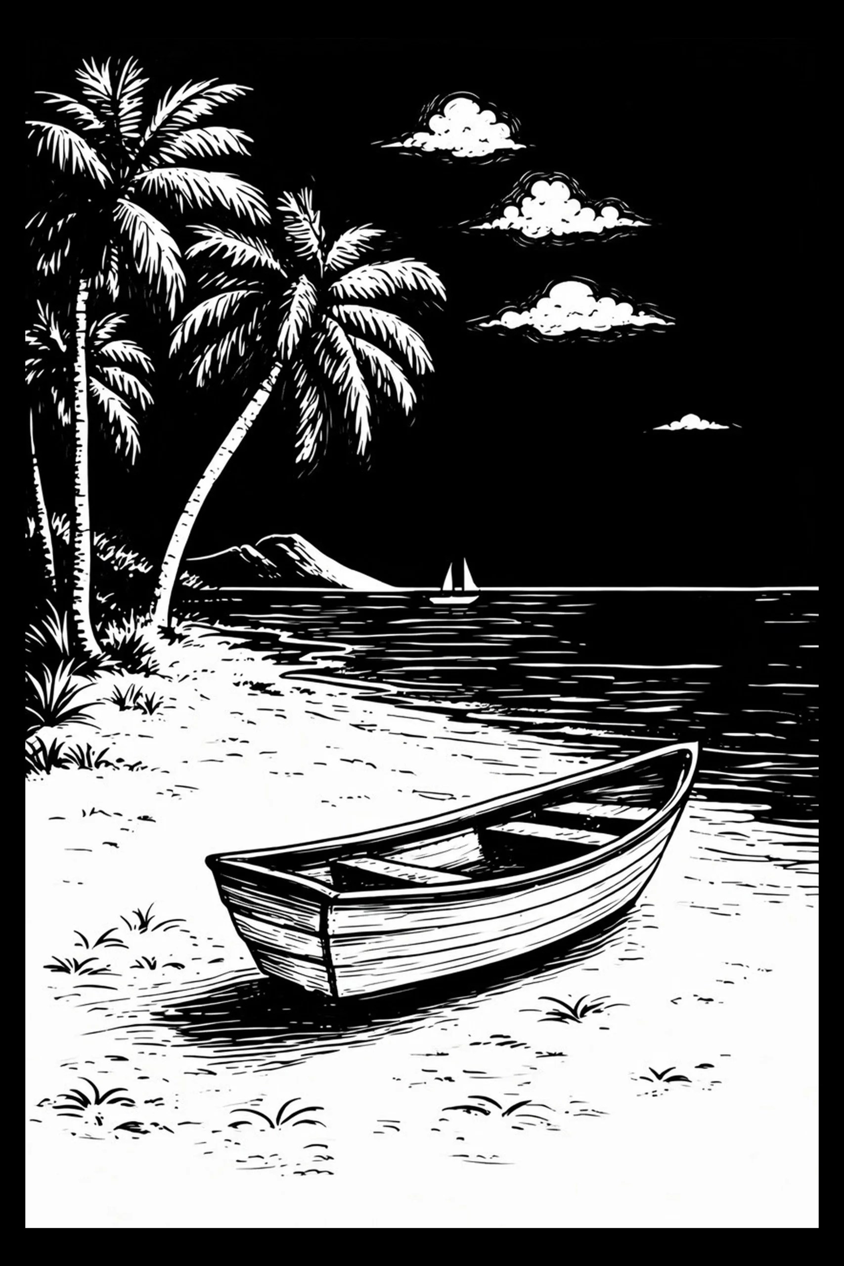 Monochrome illustration of a wooden rowboat on a sandy beach at lower right, a cluster of leaning palm trees at left, a calm sea with a small two-sailed boat and low island on the horizon, and four white cloud shapes in.