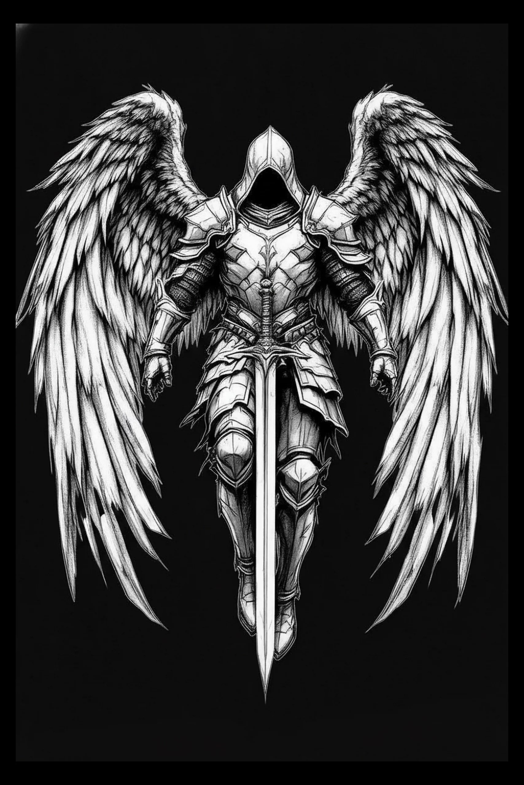 Frontal pen-and-ink drawing of a hooded armored figure with large feathered wings and a long sword aligned down the center against a black background.