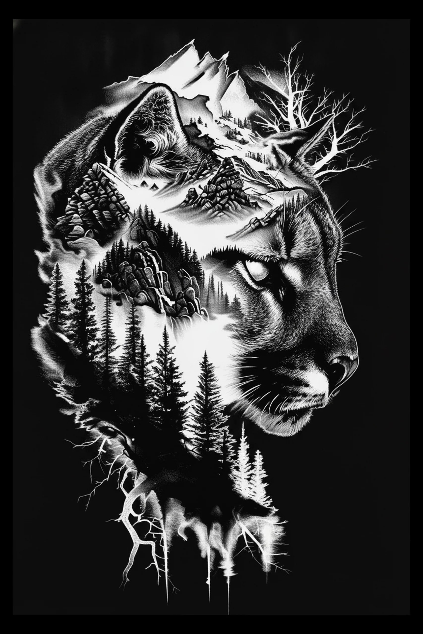 High-contrast monochrome artwork of a right-facing feline head silhouette filled with layered mountains, rocky ridges, clusters of pine trees, mist bands, a smaller curled feline form near the ear, a leafless skeletal.