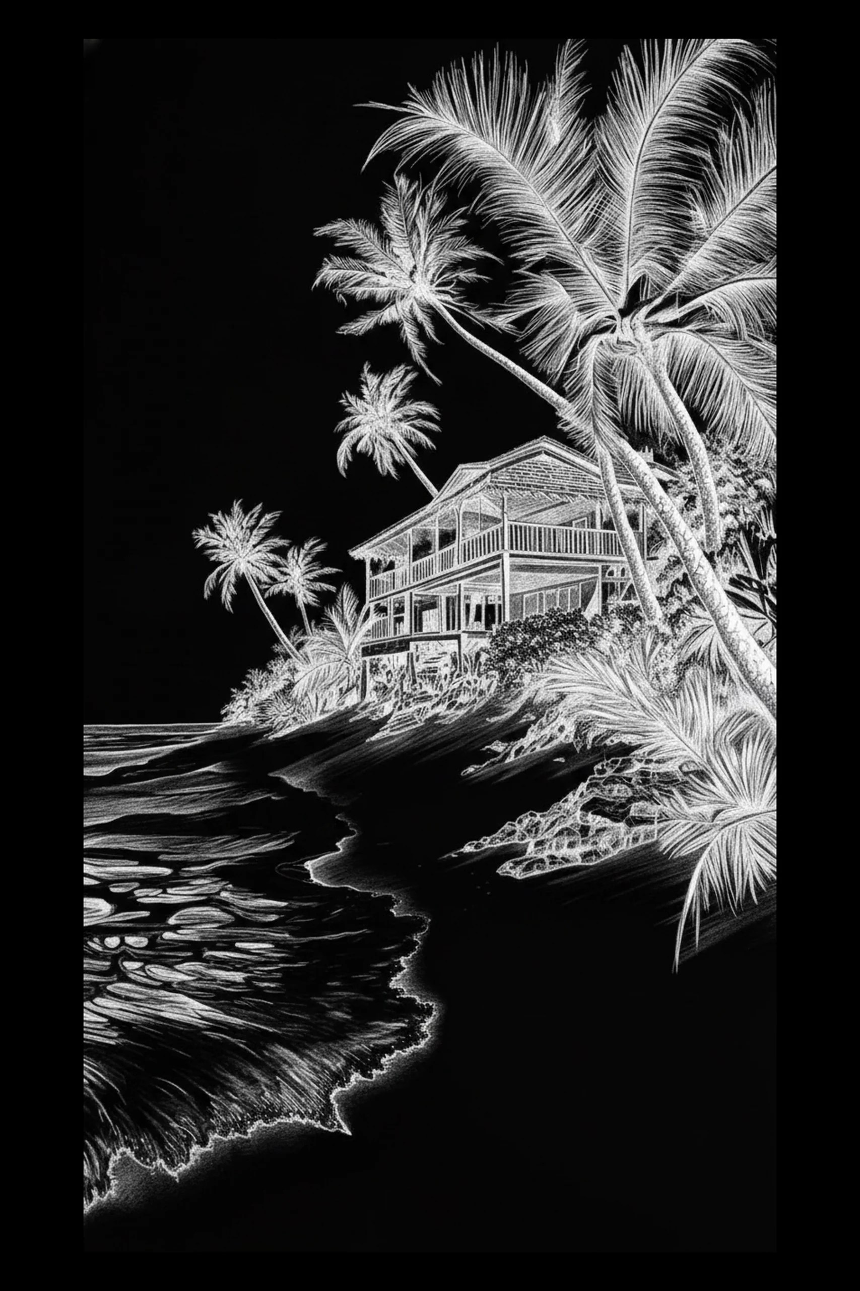 White linework on black showing a raised two-story house with wraparound veranda surrounded by eight palm trees, rocky shore and foamy surf sweeping from lower left toward the house.