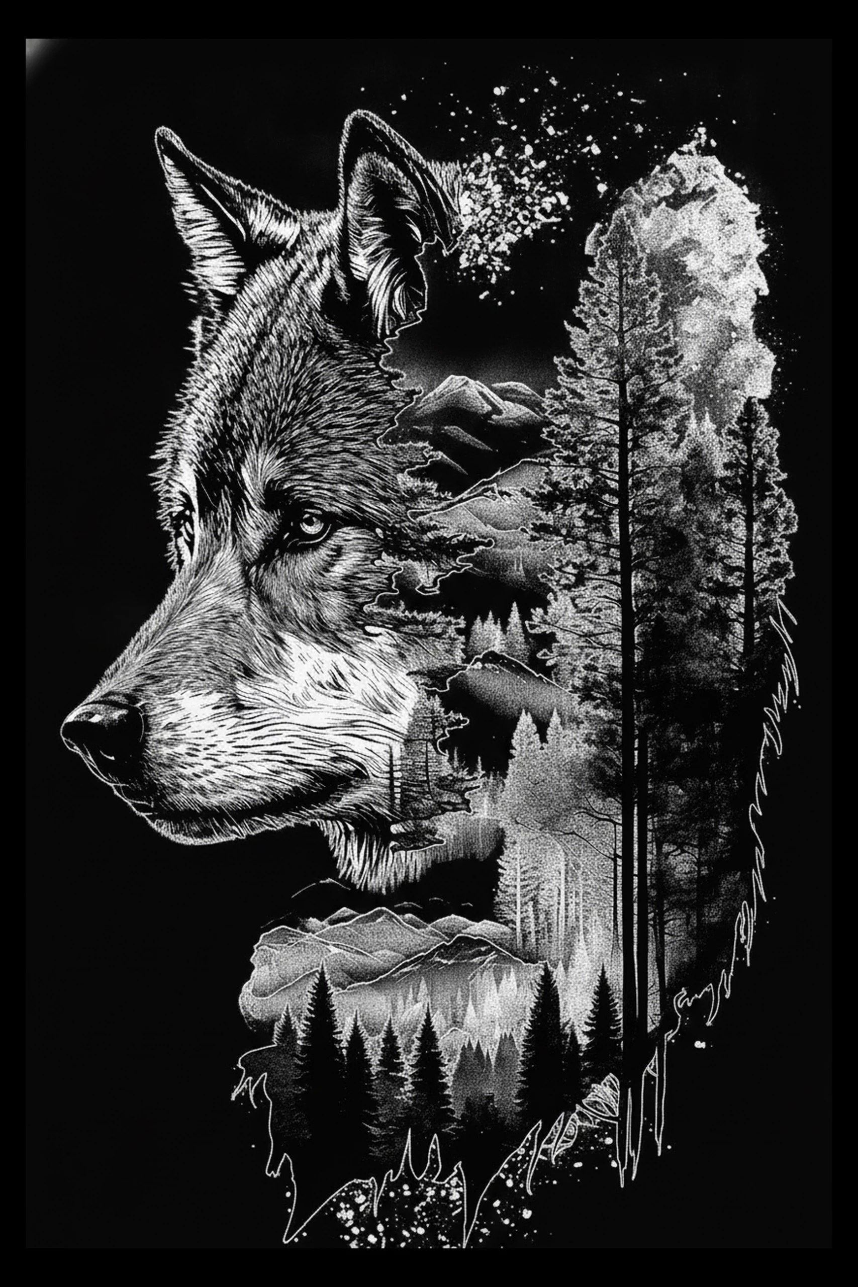 High-contrast white-on-black illustration of a wolf head in three-quarter profile facing left; the wolf's detailed eye and muzzle occupy the left two-thirds while the right third dissolves into layered mountain ridges.