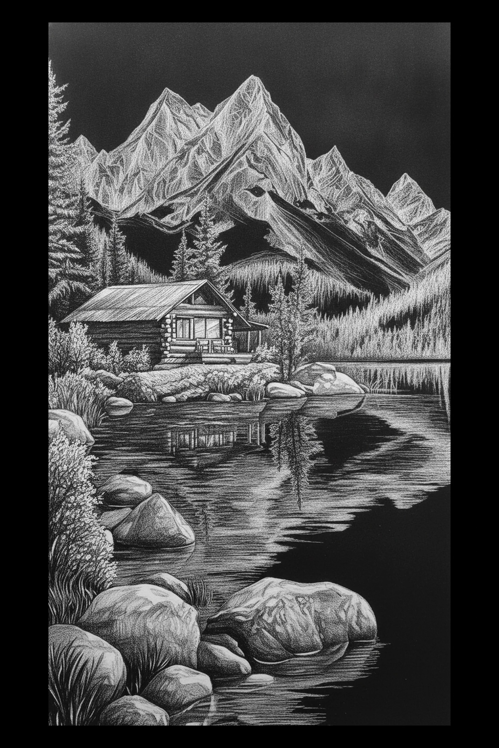 White-on-black illustration of a log cabin on a rocky shore with clustered boulders in the foreground, a calm lake reflecting the cabin and trees, and a jagged mountain range with treeline in the background.