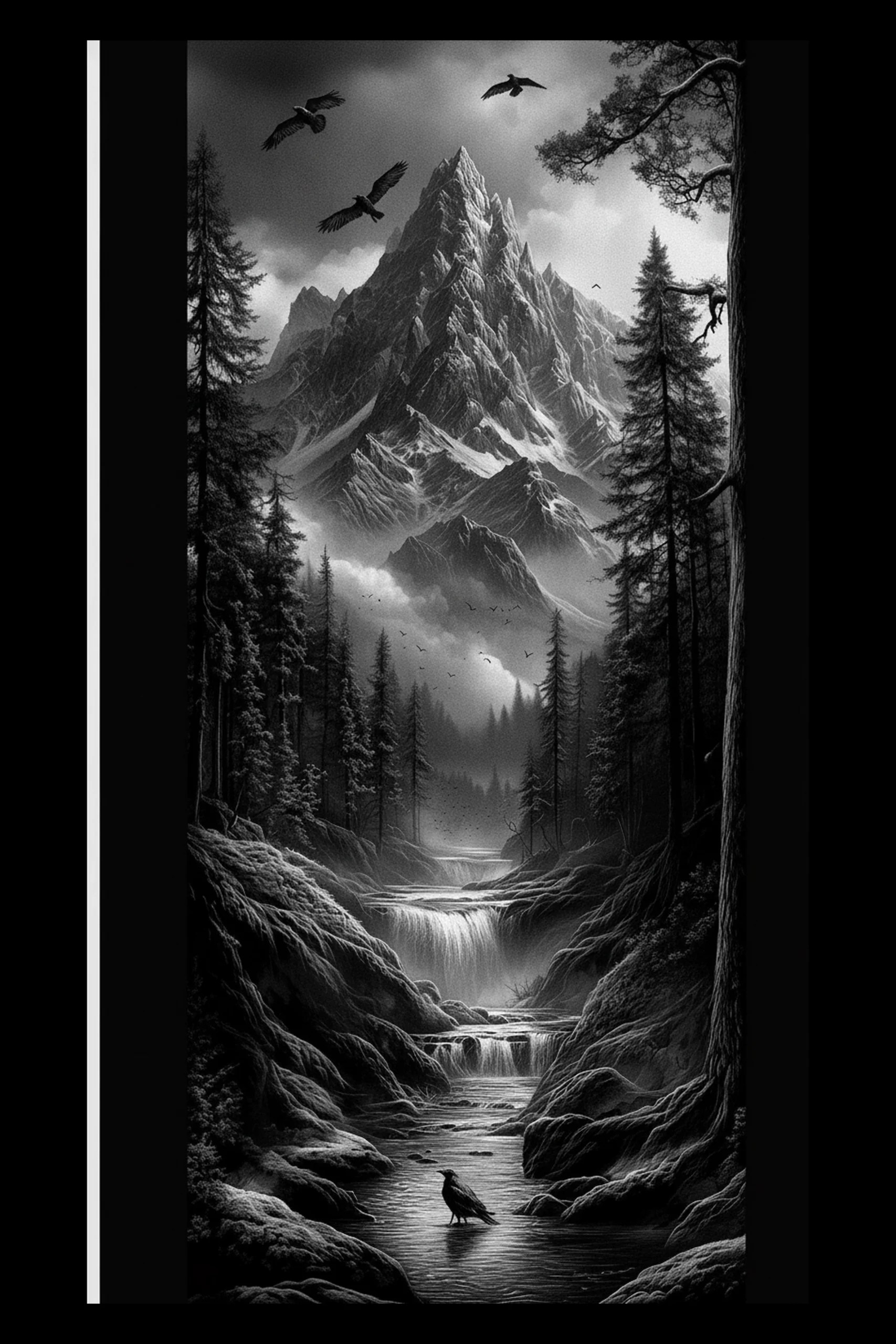 Tall narrow monochrome landscape showing a reflective foreground pool with a standing bird, a central three-tier waterfall flanked by conifers, and a serrated mountain peak shrouded in mist with flying birds above.
