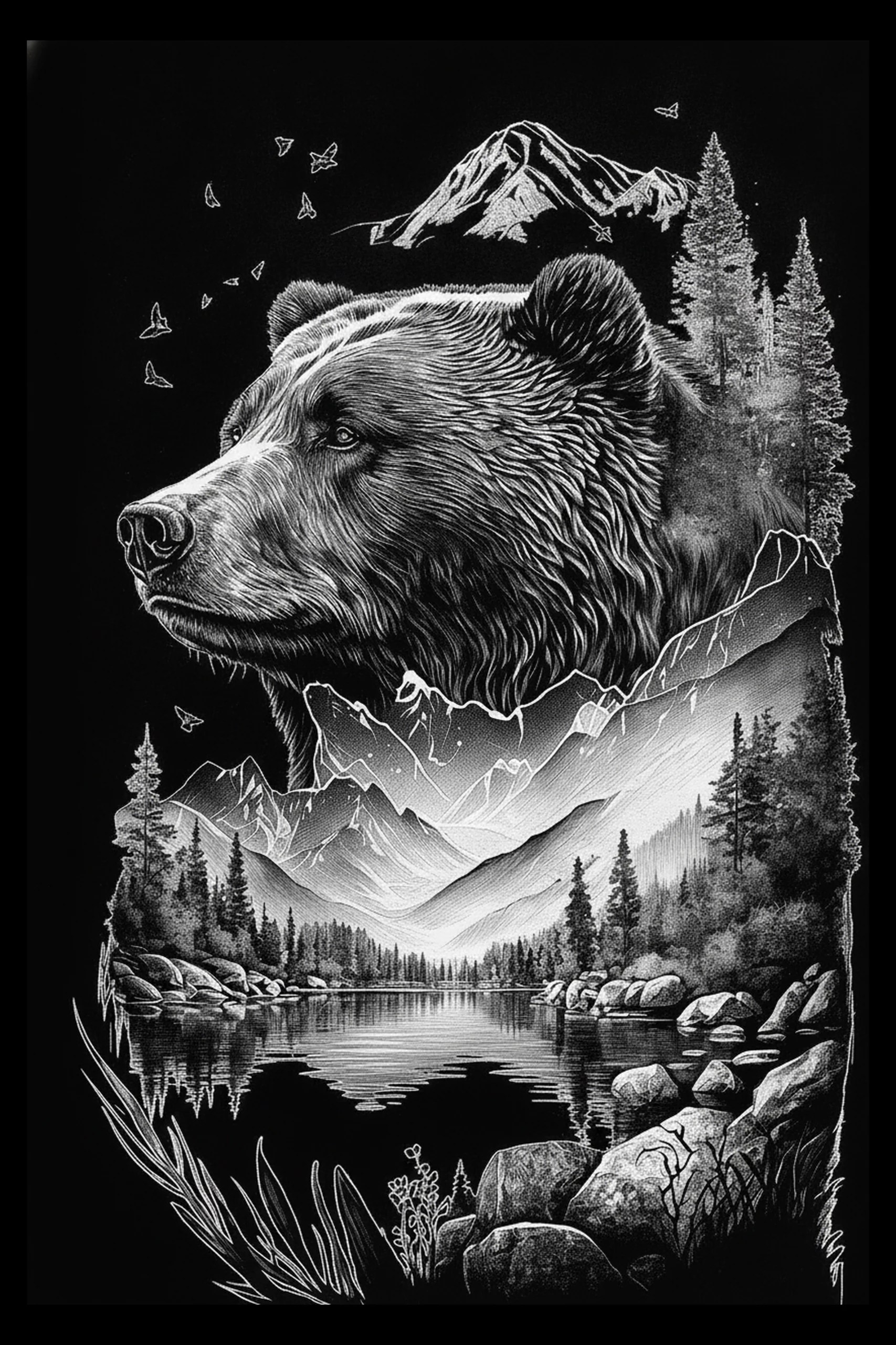 White-on-black engraving of a three-quarter profile bear head above a jagged mountain ridge and reflective lake, with conifer banks, foreground rocks, small flowering plant, and bird silhouettes.