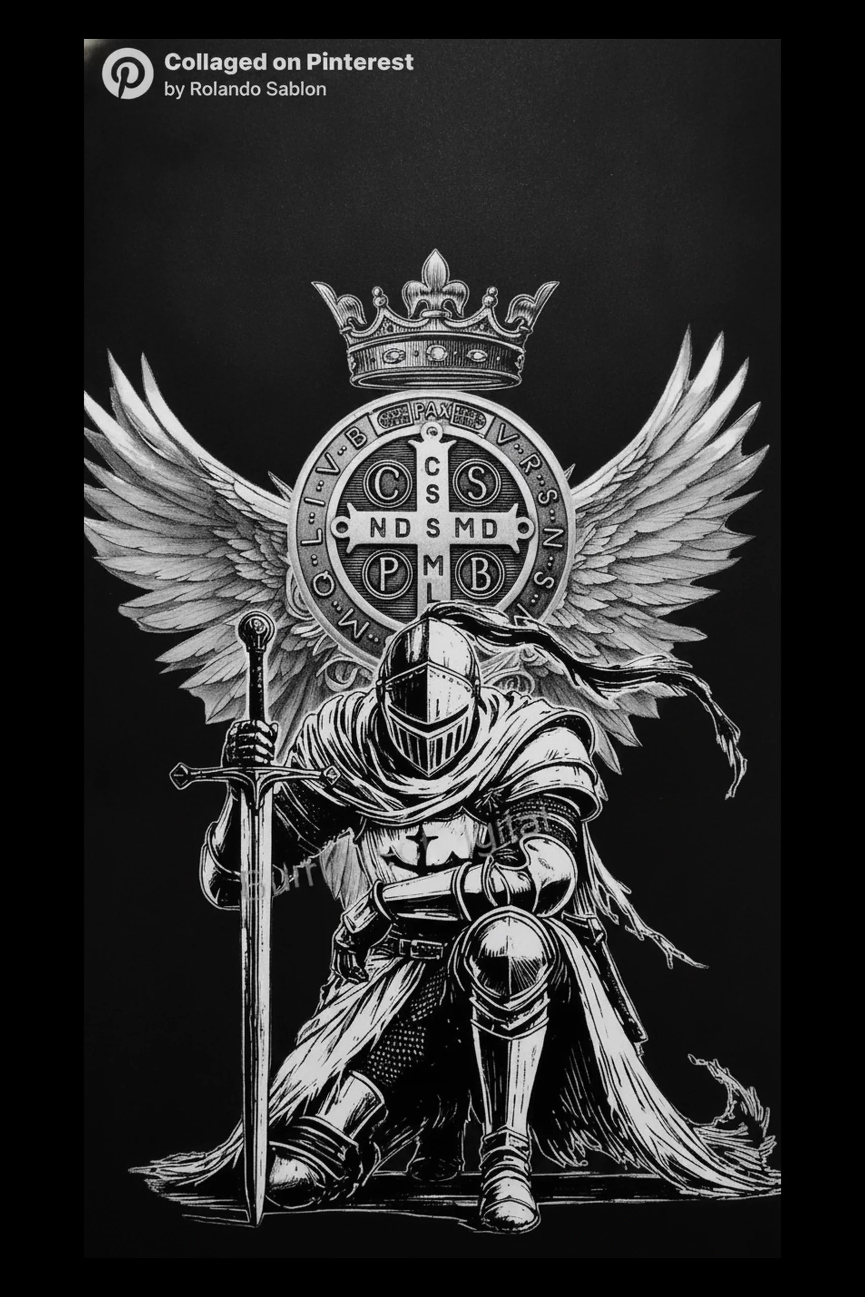 White line drawing on black of a kneeling armored knight holding a vertical longsword in front of a large circular medallion topped by an ornate crown and flanked by spread wings; small text and logo appear in the upper.