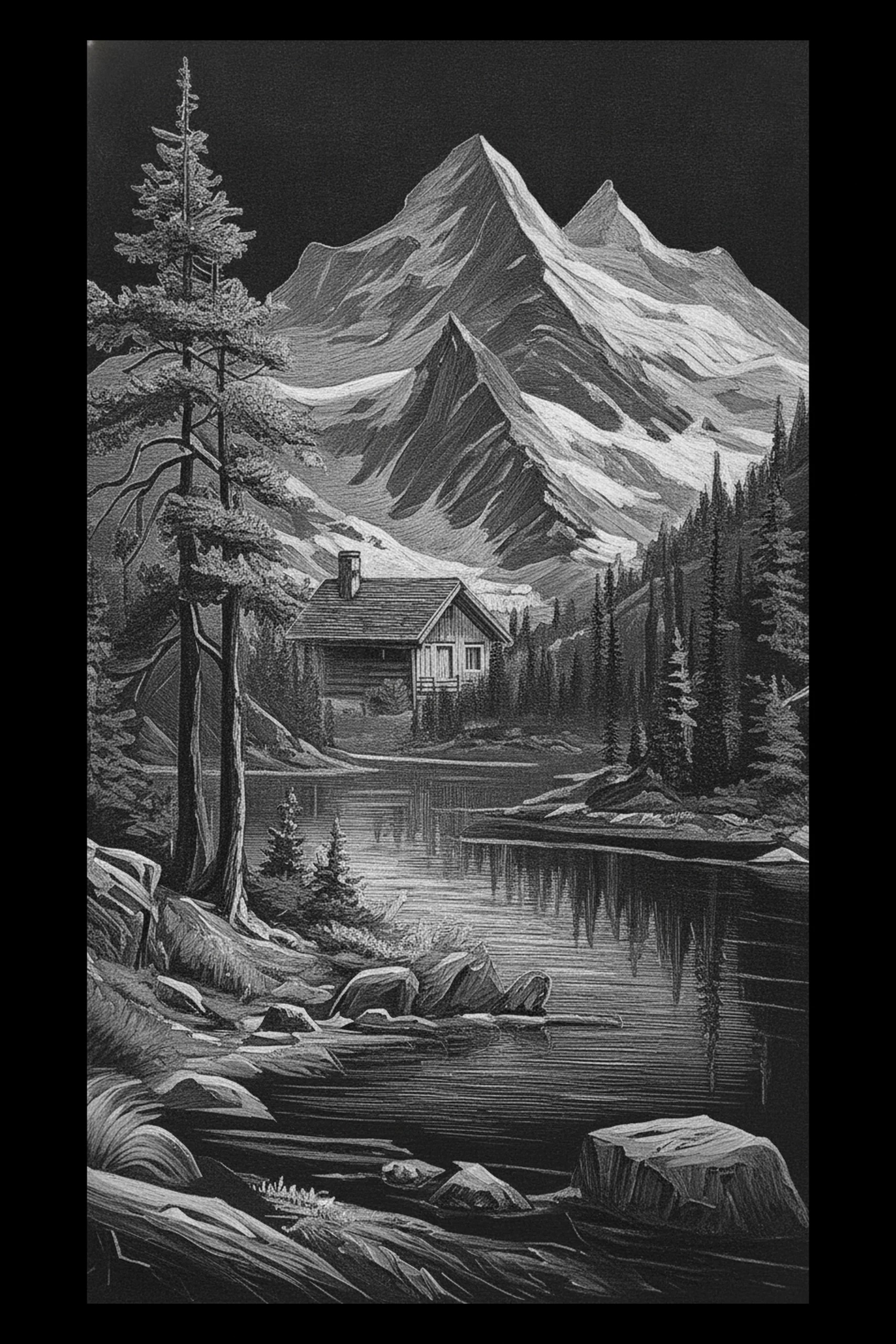 Monochrome engraving-style landscape showing a small gabled cabin on a rocky lakeshore, a tall pine at left, a conifer stand at right, and three faceted mountain peaks rising behind with their reflections in the lake.