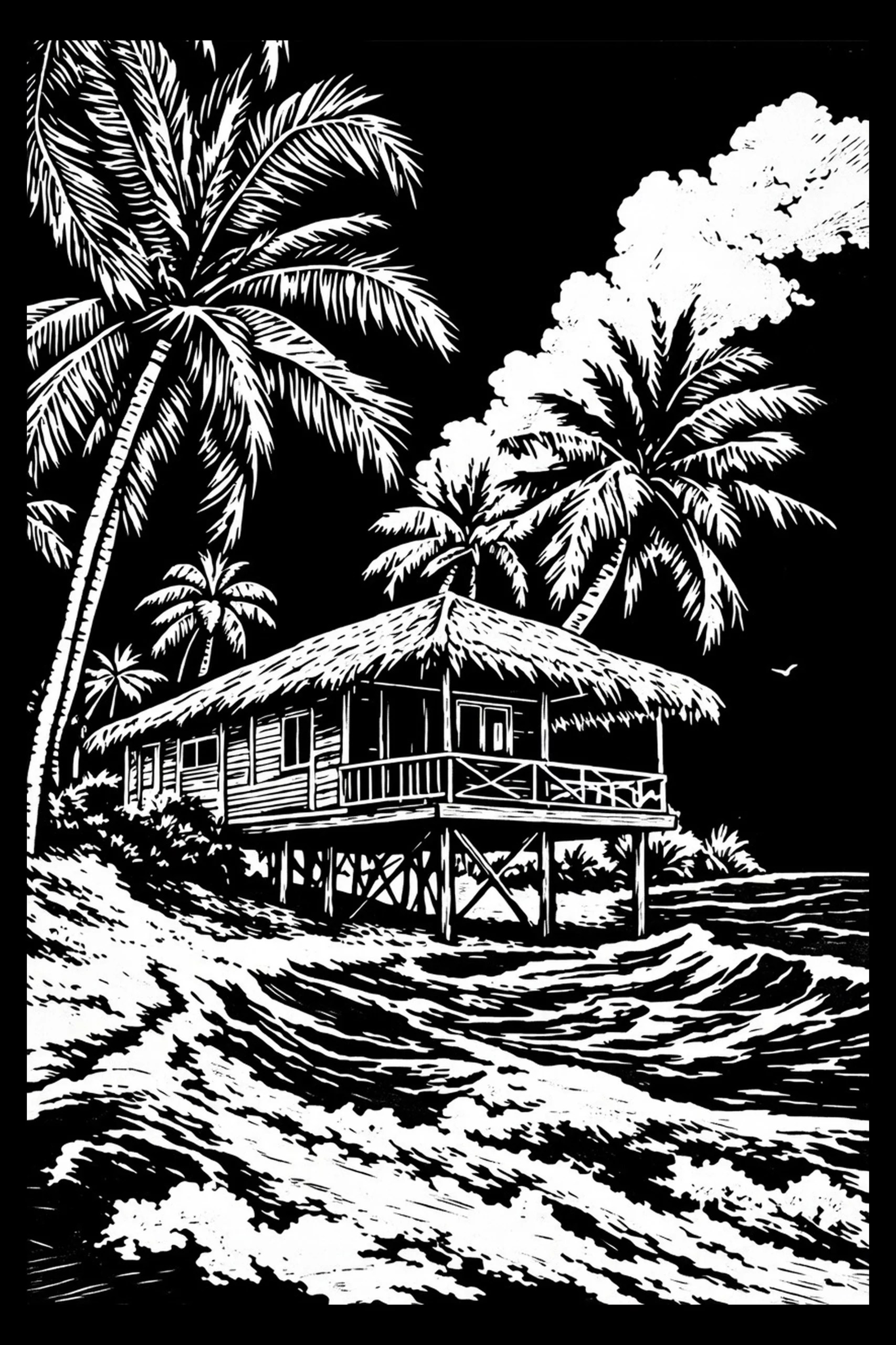 High-contrast black-and-white image of a stilted beach house on posts with X-bracing, surrounded by six palm trees, banded waves in the foreground, a large cloud in the upper-right, and a small bird to the right of the.