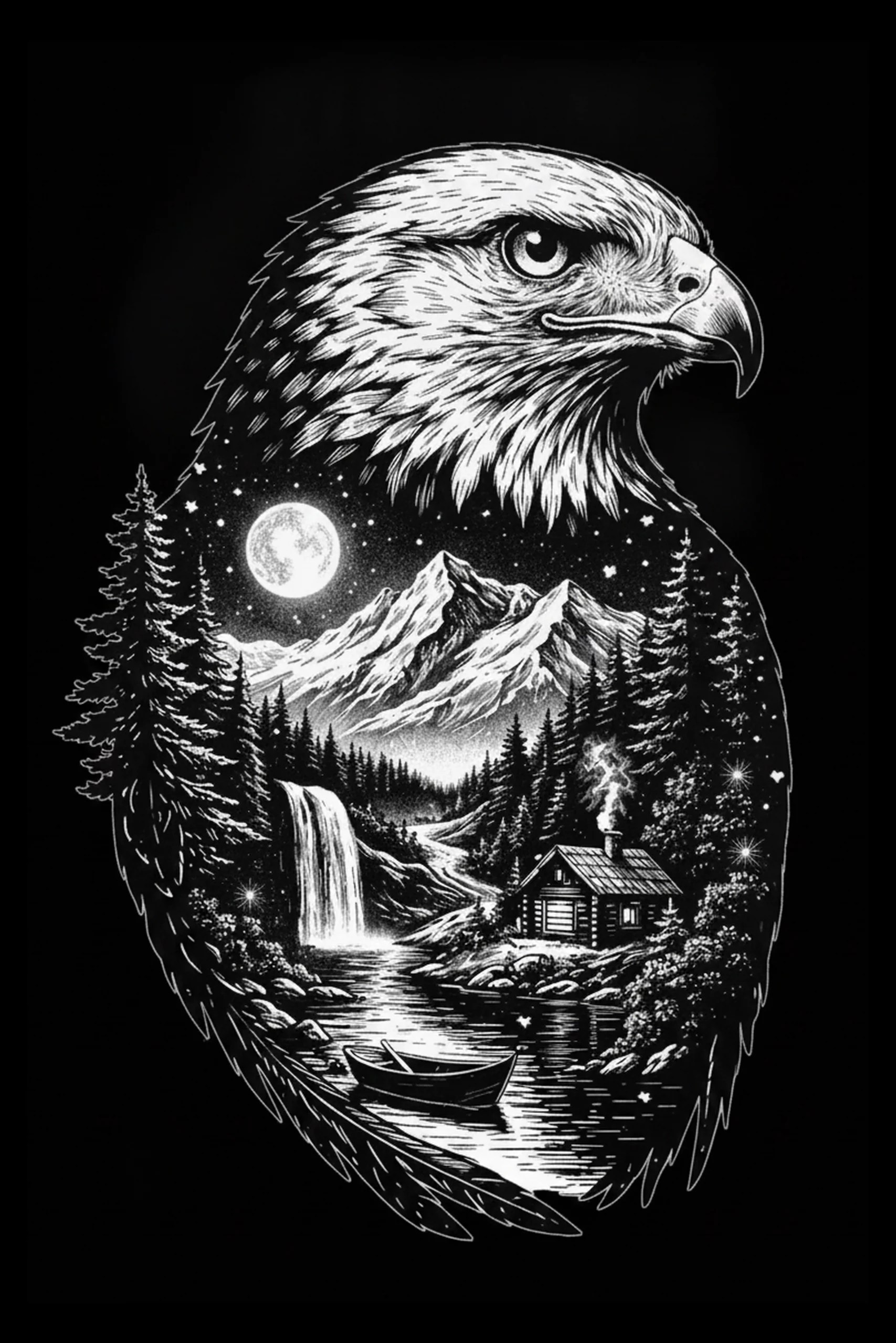 White ink illustration of a right-facing eagle head silhouette containing a moonlit landscape: full moon, mountain peaks, waterfall feeding a river with an empty rowboat in the foreground, a log cabin with smoke on the.