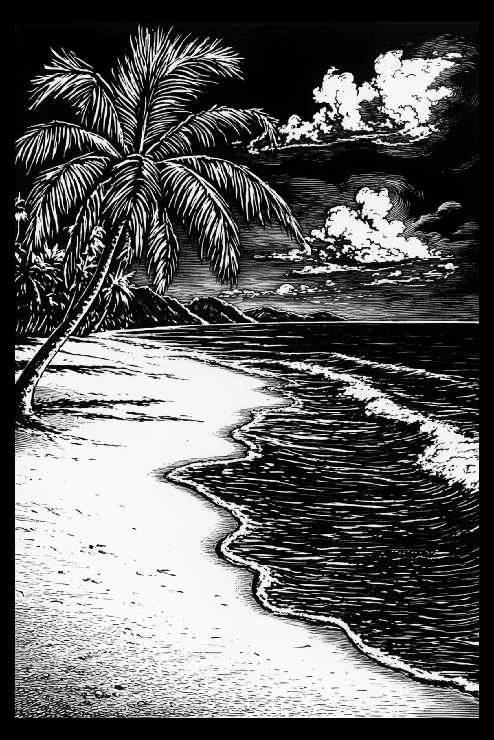 High-contrast engraved-style coastal scene with a large leaning palm at lower-left, bright white sand, a curved scalloped shoreline leading to a hatched dark ocean on the right, a low mountain ridge on the horizon, and.