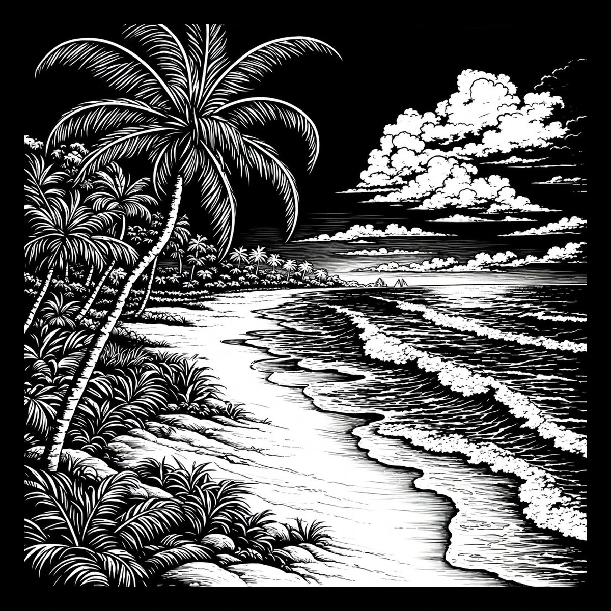 High-contrast black-and-white illustration of a large palm on the left, dense coastal vegetation, a curving sandy beach leading to repeated white-crested waves and two small triangular sails at the horizon beneath a.