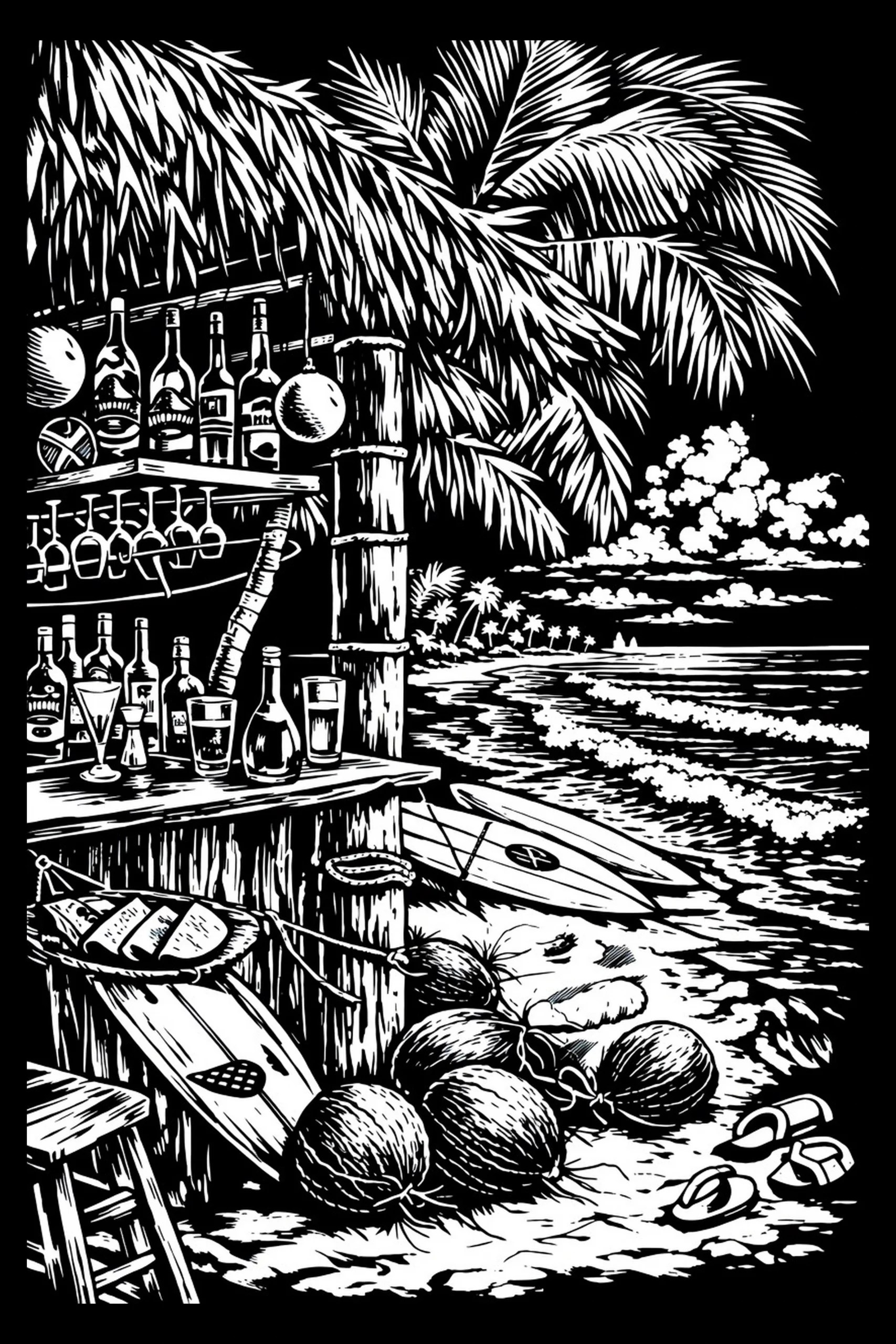 High-contrast monochrome scene of a rustic beach bar at left with bottles and hanging glasses, surfboards and coconuts on the sand, a large palm canopy arching overhead, and the shoreline and distant palm grove leading.