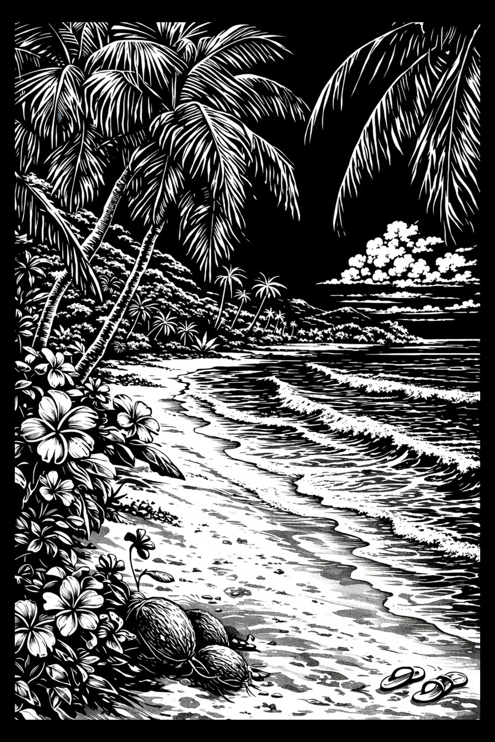 High-contrast carved-style image of a tropical shoreline: foreground cluster of large five-petaled flowers and three coconuts, leaning palm trunks to the left, foamy waves running diagonally toward a headland at right.