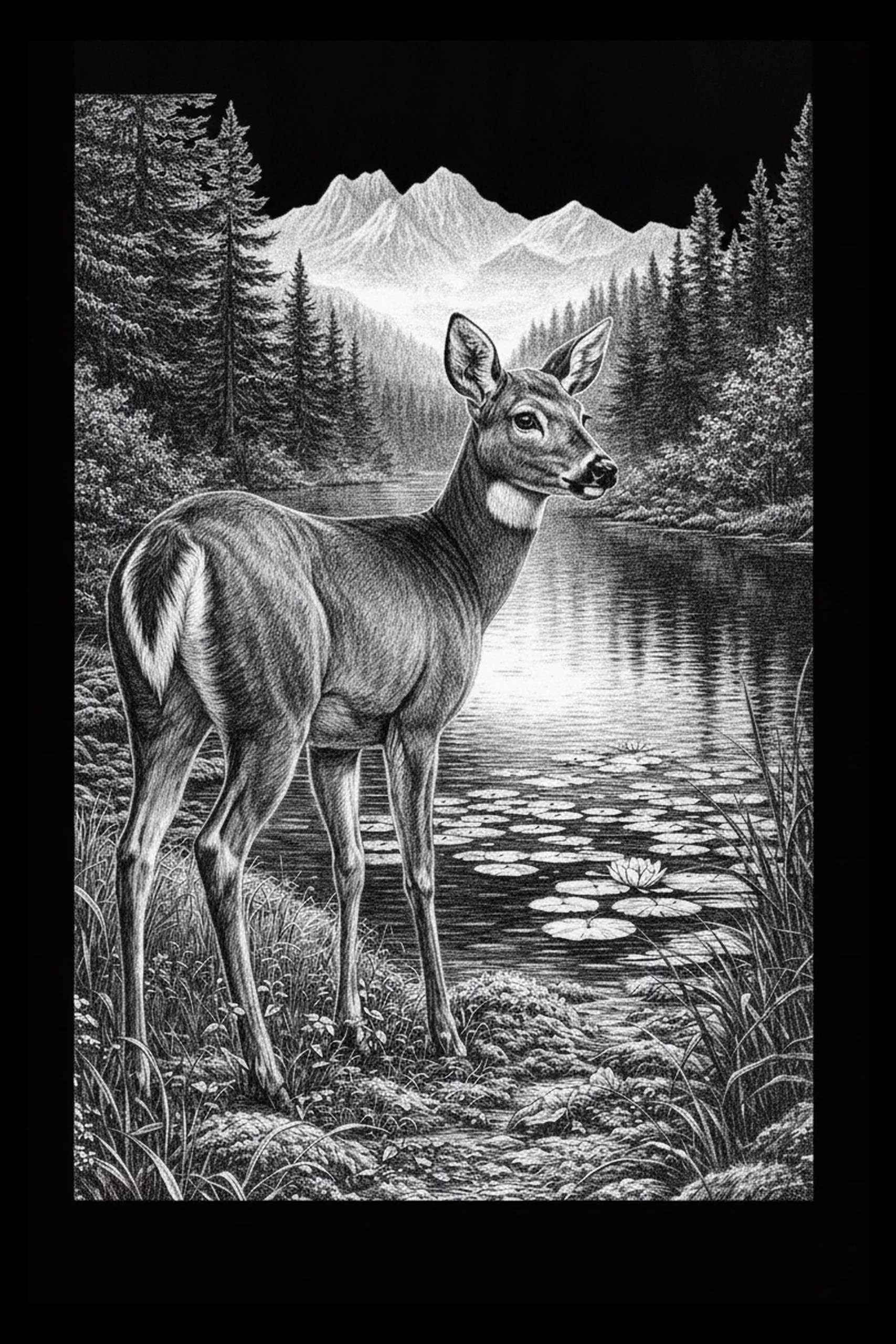 Monochrome illustration of a deer standing on a grassy shoreline, head turned over its shoulder toward the viewer; a bright vertical reflection on a calm lake behind it leads to distant mountains and flanked conifer.