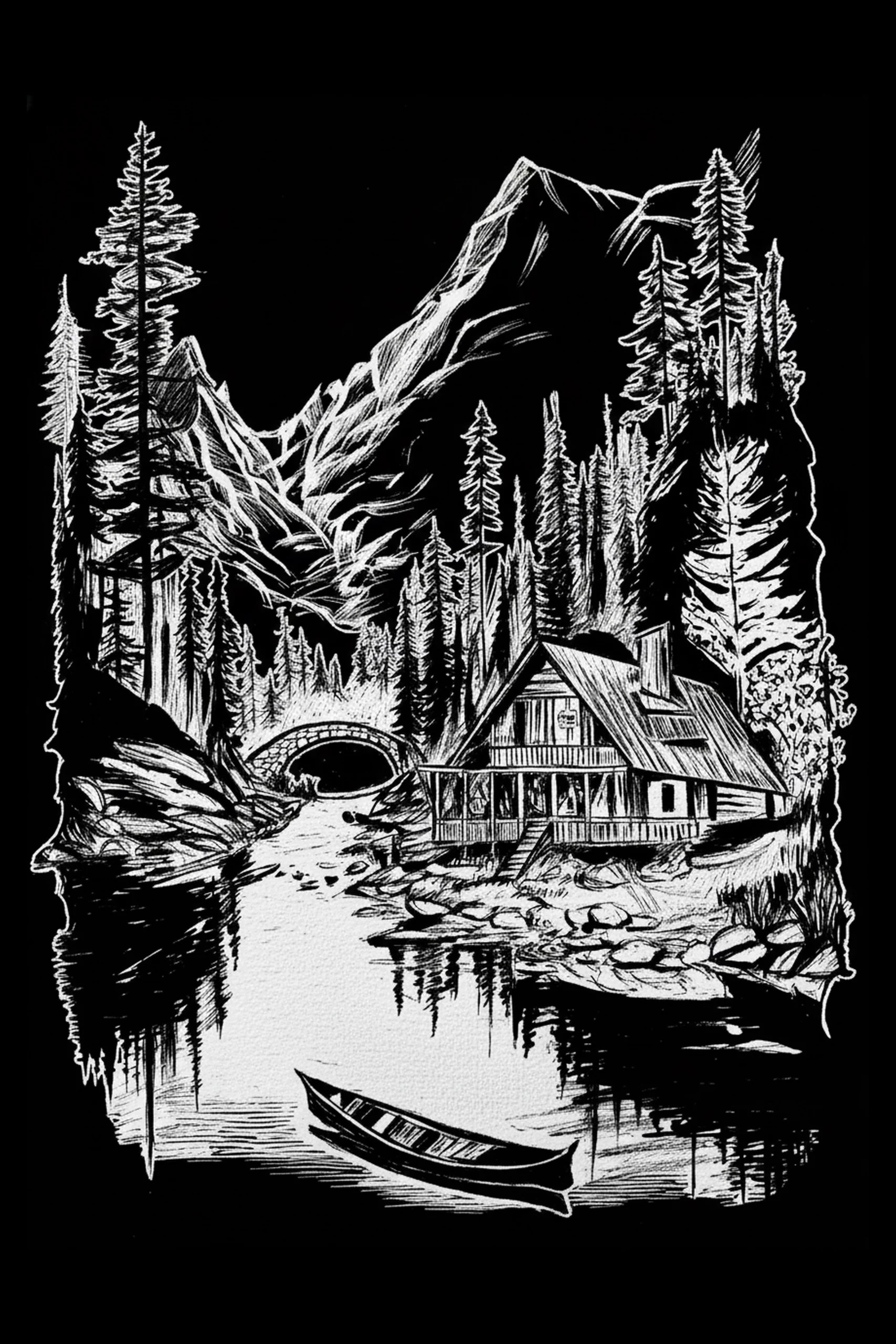 White-on-black line drawing of a rowboat on a river in the foreground, a wooden cabin with porch on the right middle ground, a stone arch bridge left of center, and a large mountain peak rising behind a belt of conifer.
