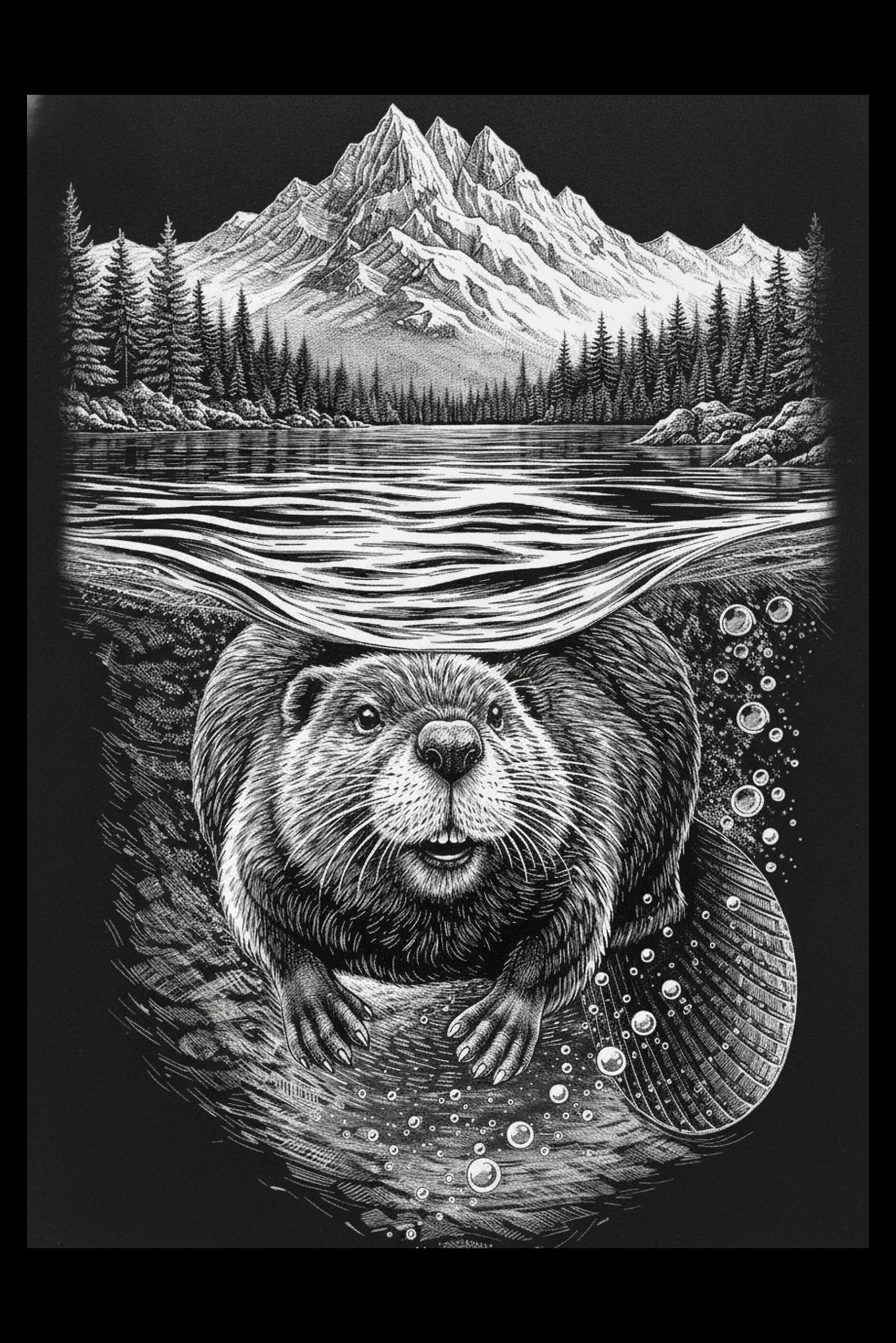 High-contrast ink rendering of a beaver centered below a horizontal water surface, with a band of evergreen trees and a mountain range above and a column of bubbles rising to the right.