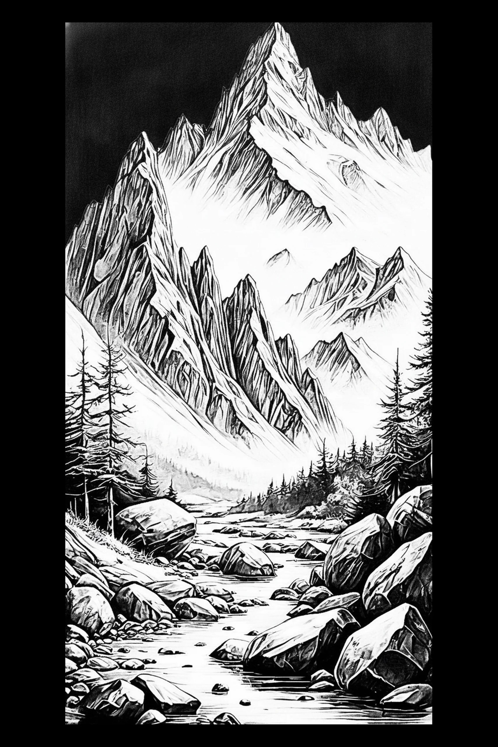 Black-and-white pen-and-ink landscape: a shallow stream with many boulders in the foreground flows toward a bright mist band and a sharply triangular central mountain peak; evergreen trees line both banks and layered.