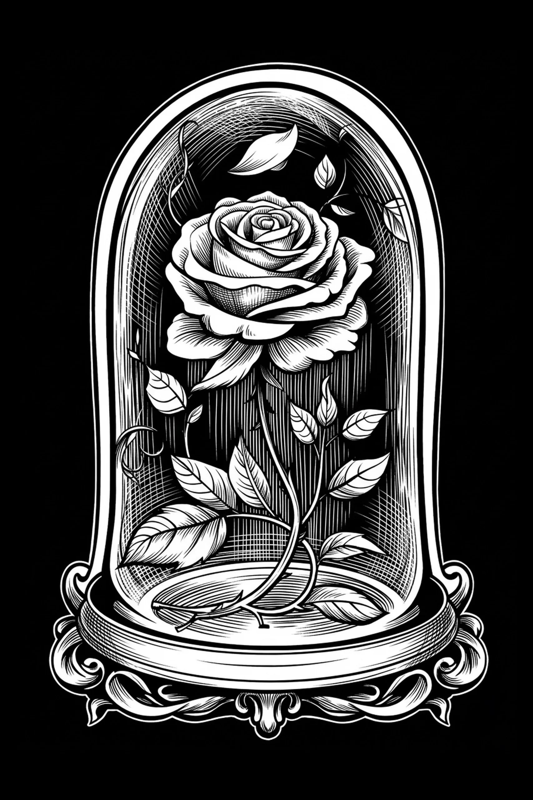 High-contrast white engraving of a single open rose and stems enclosed within a tall glass dome on an ornate circular base, set against a solid black background.