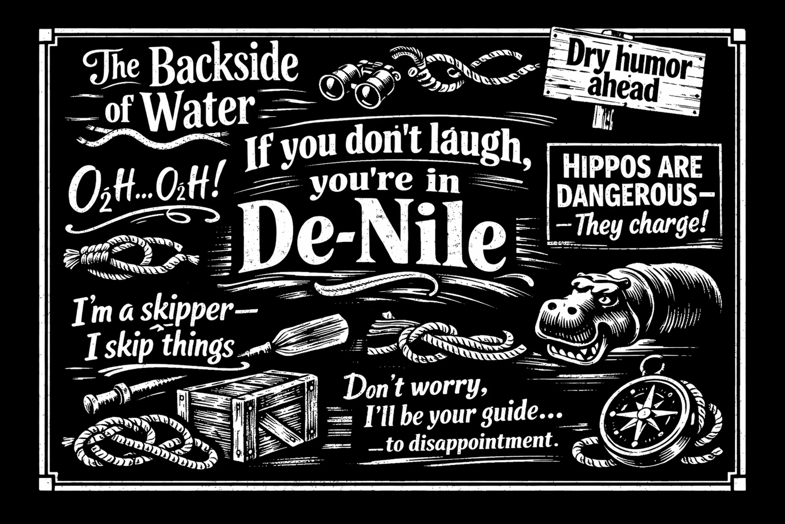 White-on-black humor collage with the central phrase IF YOU DON'T LAUGH, YOU'RE IN DE-NILE, a hippo, Backside of Water text, warning signs, ropes, binoculars, crate, paddle, and compass.