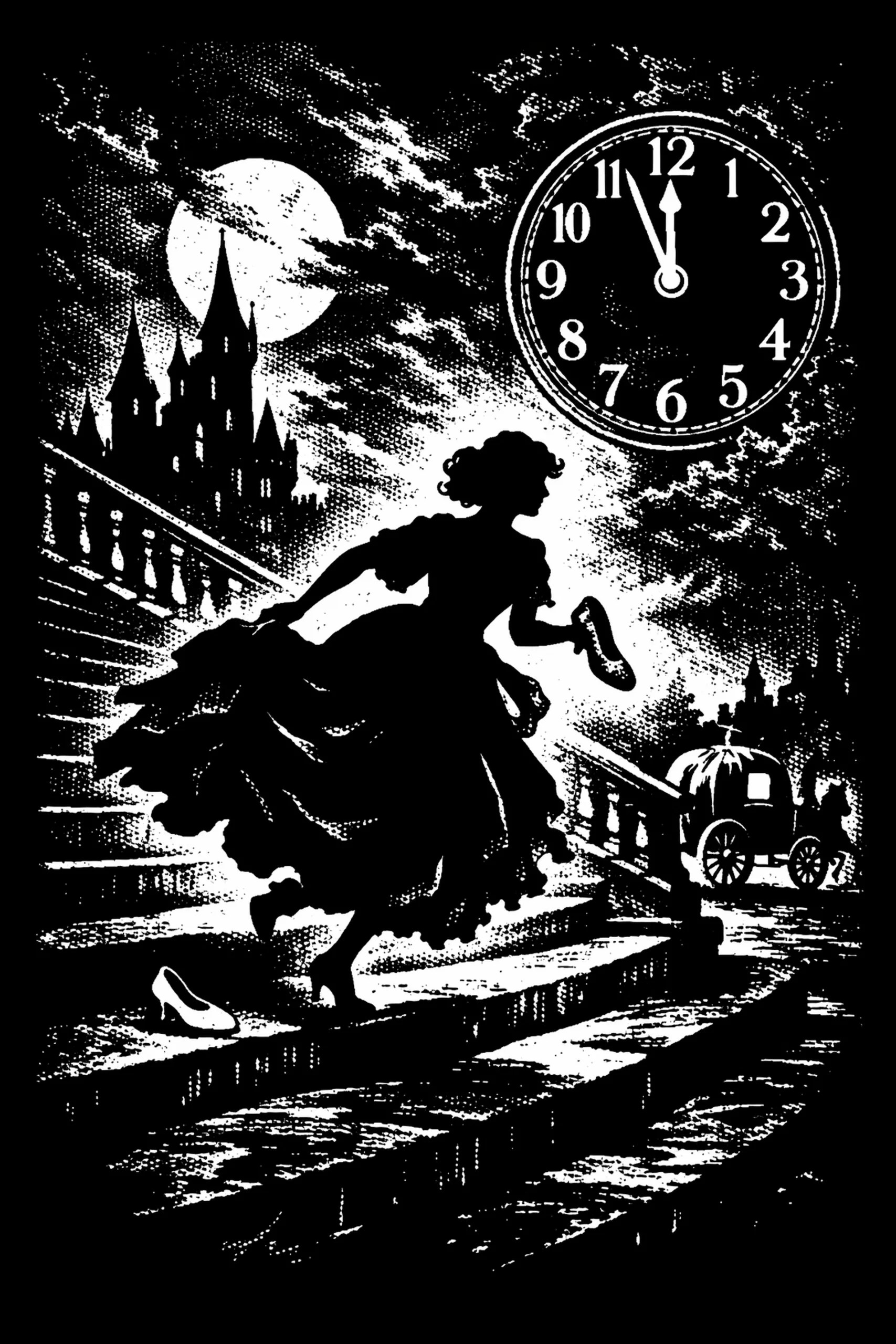 High-contrast black-and-white silhouette of a woman in a full gown climbing a diagonal stone staircase, holding one shoe while another lies on a step; a pumpkin-shaped carriage sits to the right, a full moon and castle.