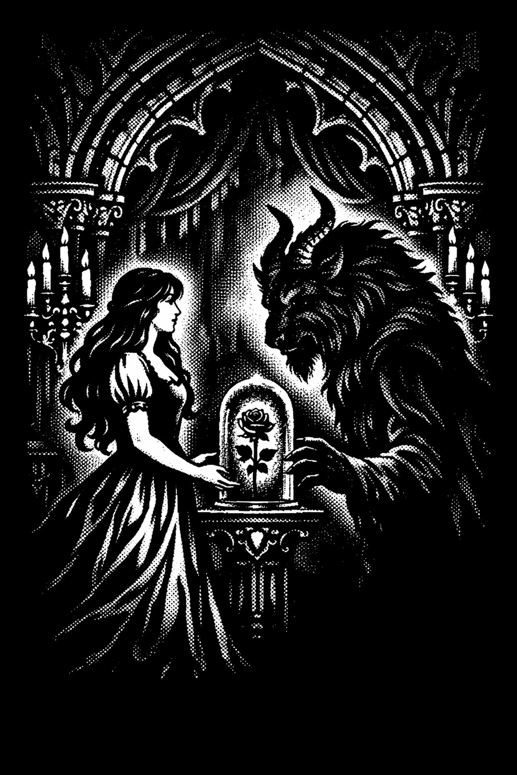 Monochrome gothic composition showing a woman at left and a horned beast at right with their hands on an ornate pedestal that supports a glass dome containing a single rose; a halo of light, carved arch and heavy.