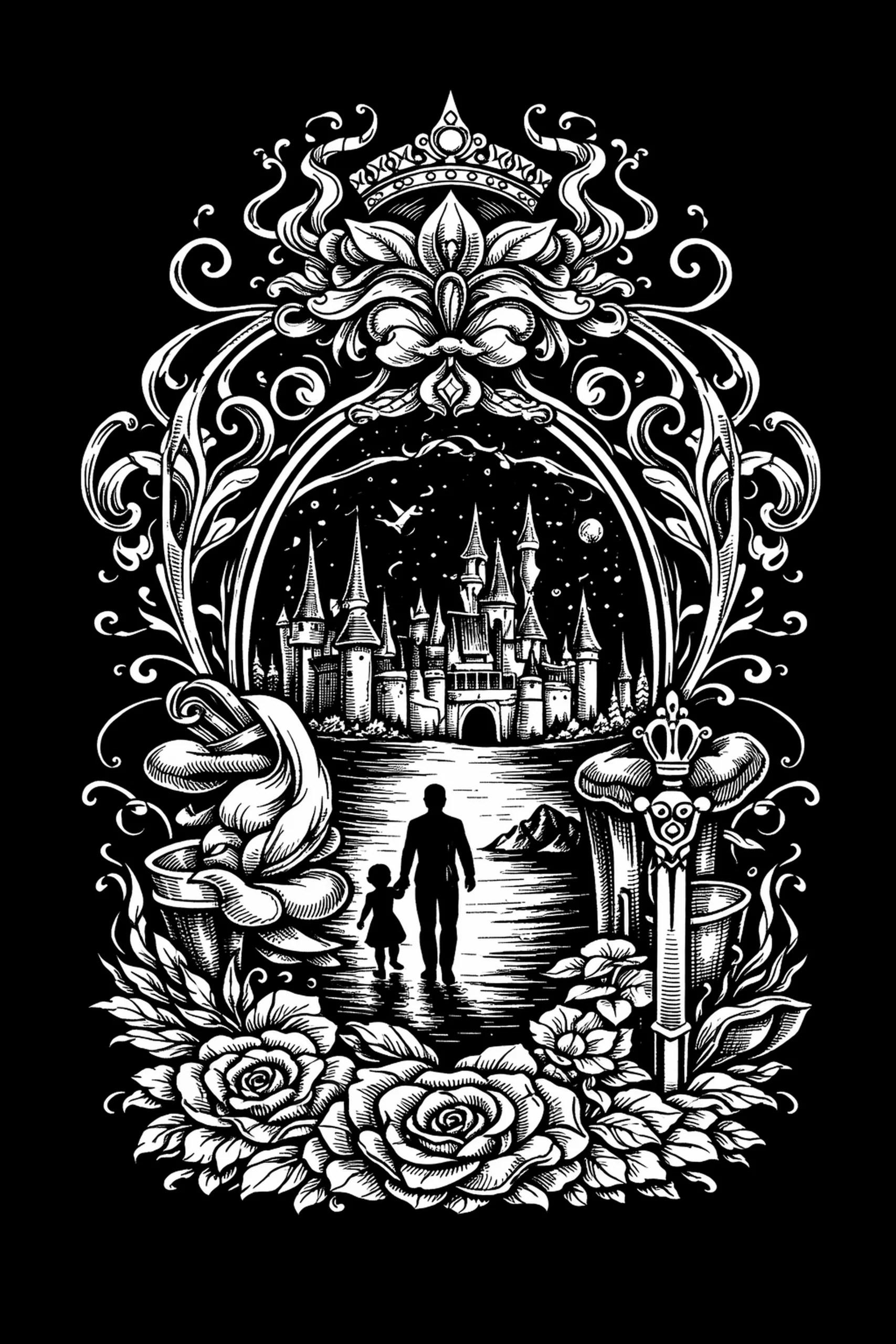Black-and-white engraving-style image of two silhouetted figures holding hands on a reflective path toward a distant castle with many pointed spires, all enclosed in an ornate oval frame of vines, roses and a crowned.