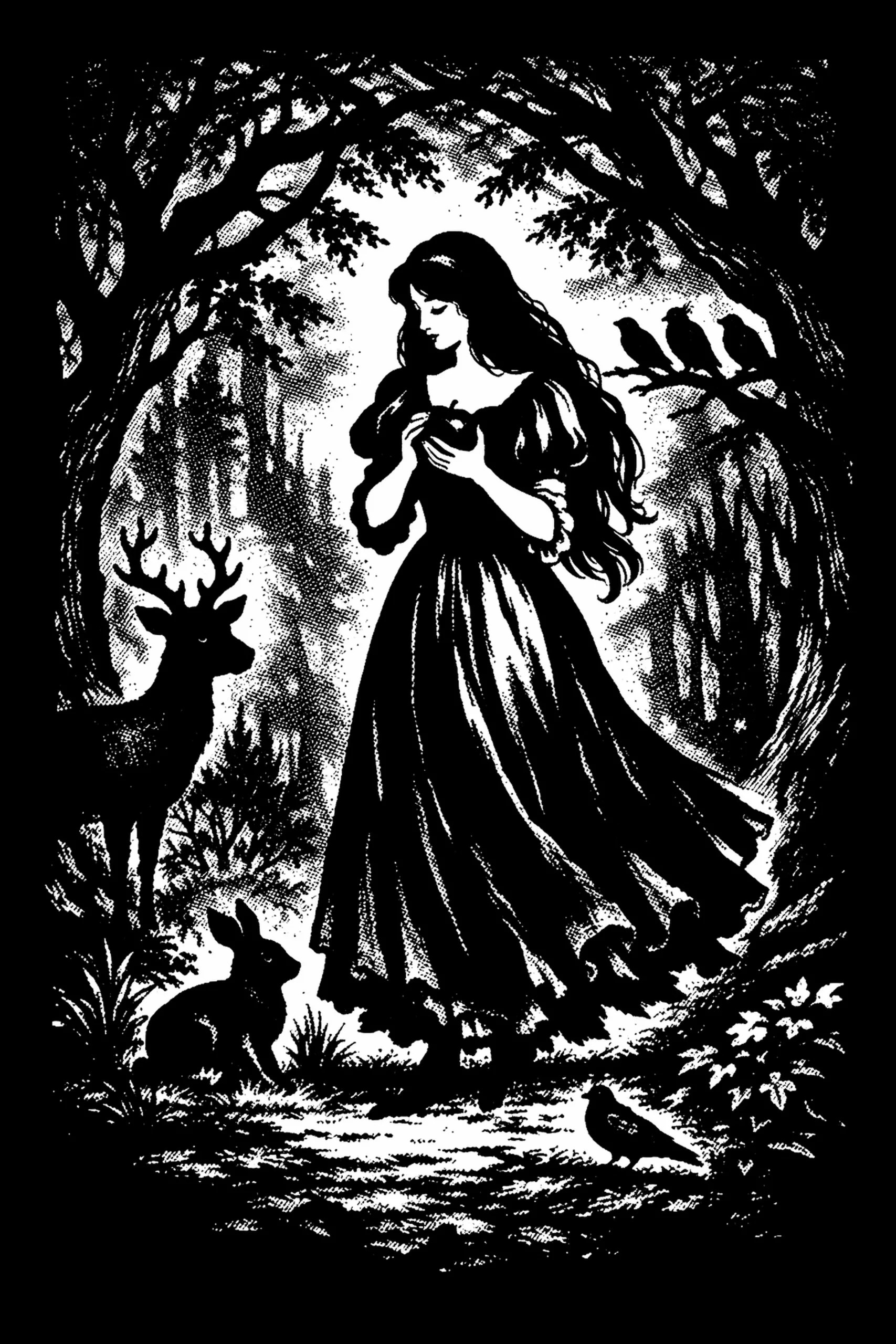 Black-and-white ink illustration of a standing woman in a long dress holding a round object in front of her, silhouetted against a bright oval of light in a forest; an antlered deer stands left, a rabbit sits.