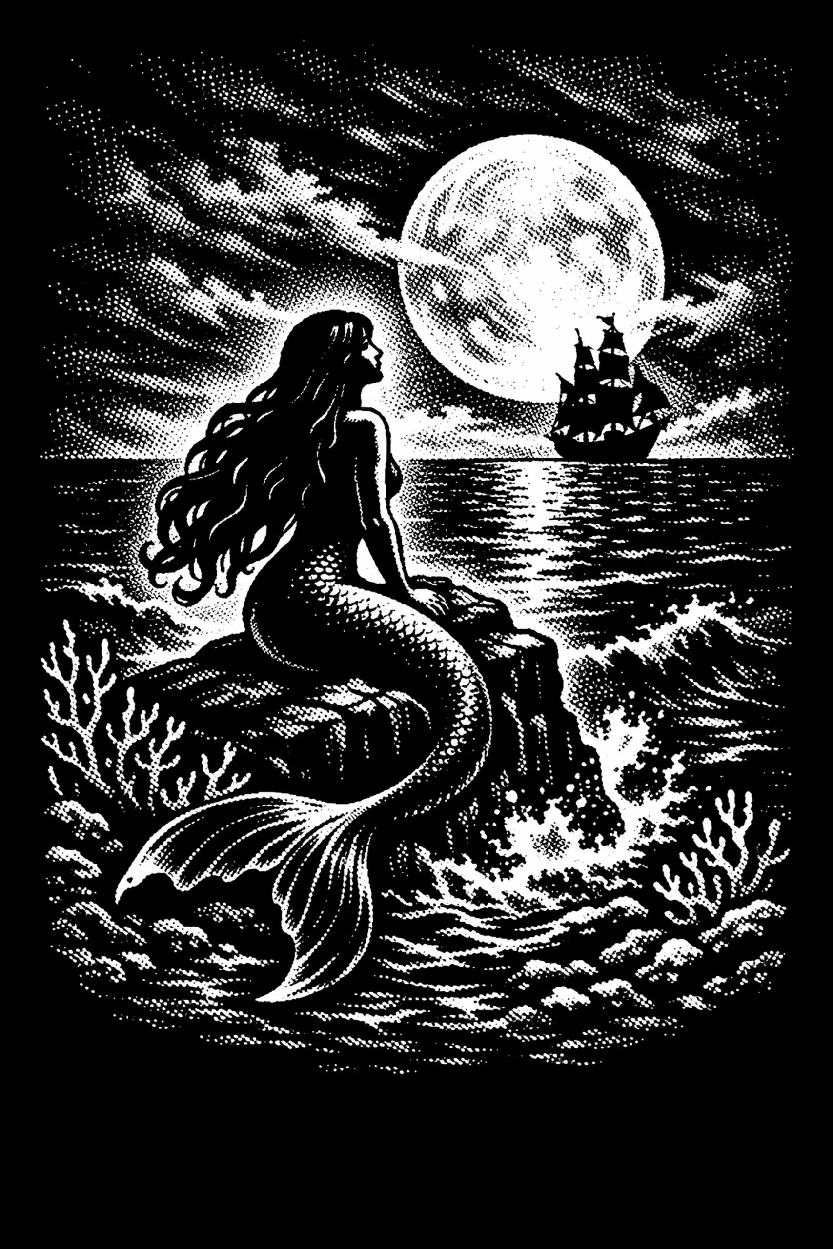 Black-and-white illustration of a mermaid seated on a rock at left-center, backlit by a large full moon to the right; waves and foam crash at the rock, a small multi-masted ship silhouettes on the horizon, and halftone.