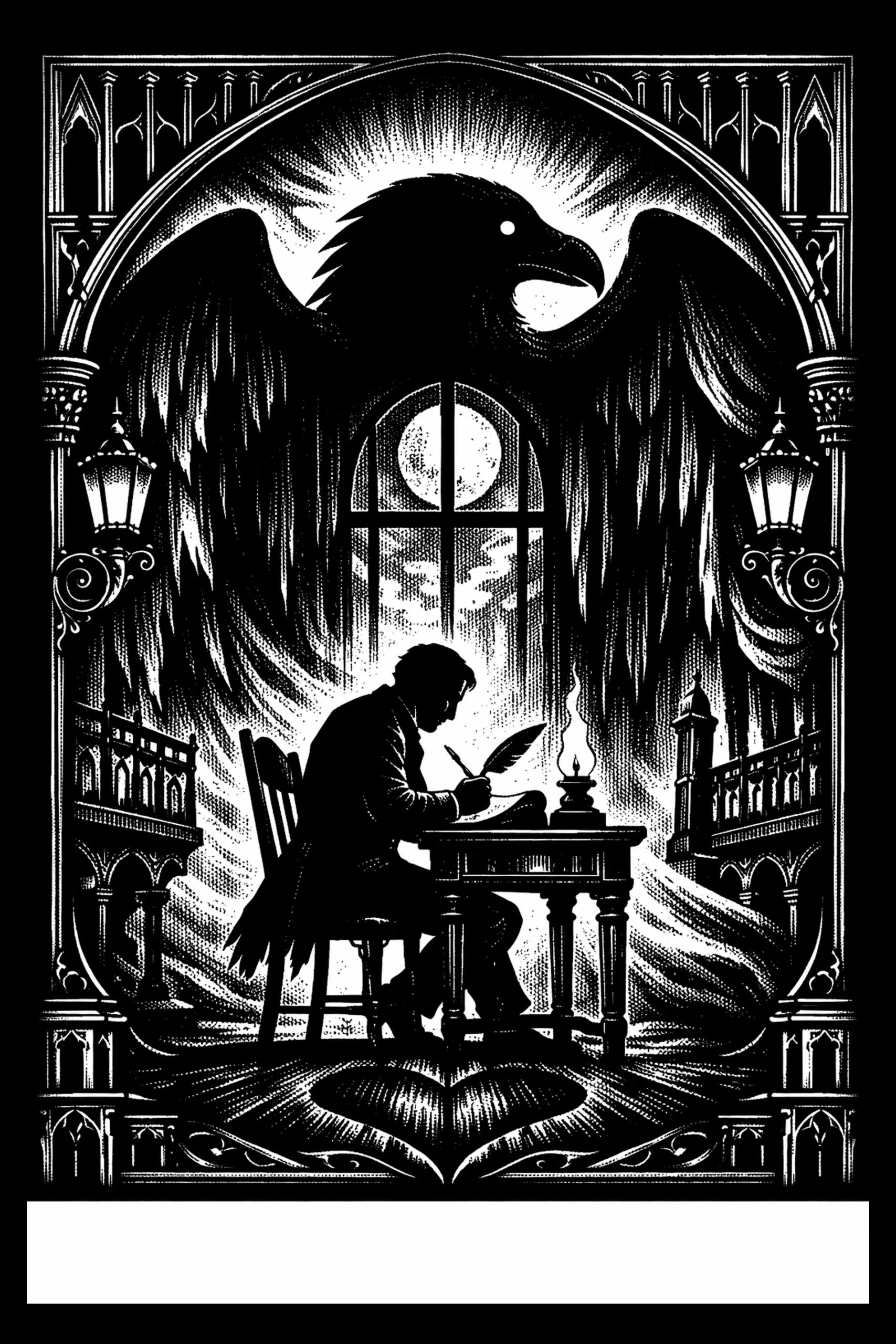 Black-and-white engraving-style scene of a seated figure writing at a desk inside a Gothic arch; a large bird silhouette fills the upper space with a bright moon behind its head, ornate columns and lanterns flank the.