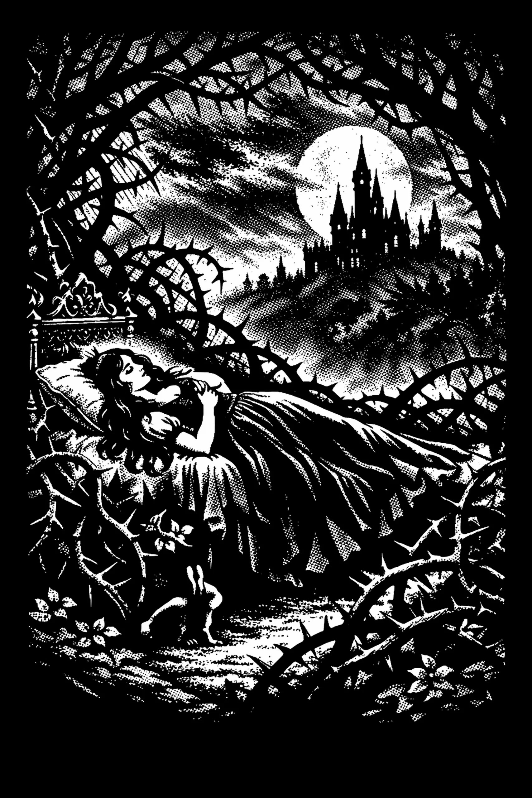 Black-and-white illustration of a sleeping woman on a bed surrounded by thorny branches; a rabbit sits in the foreground and a silhouetted castle stands against a full moon in the upper-right.