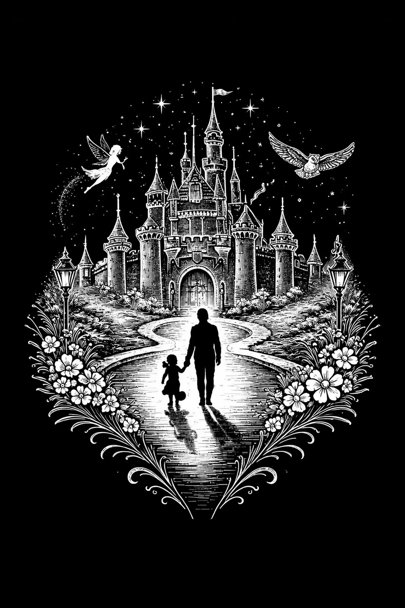 High-contrast white-on-black illustration showing a luminous central path leading two silhouetted figures hand-in-hand toward an ornate castle, with floral scrolls, lampposts, a winged figure and an owl against a starry.