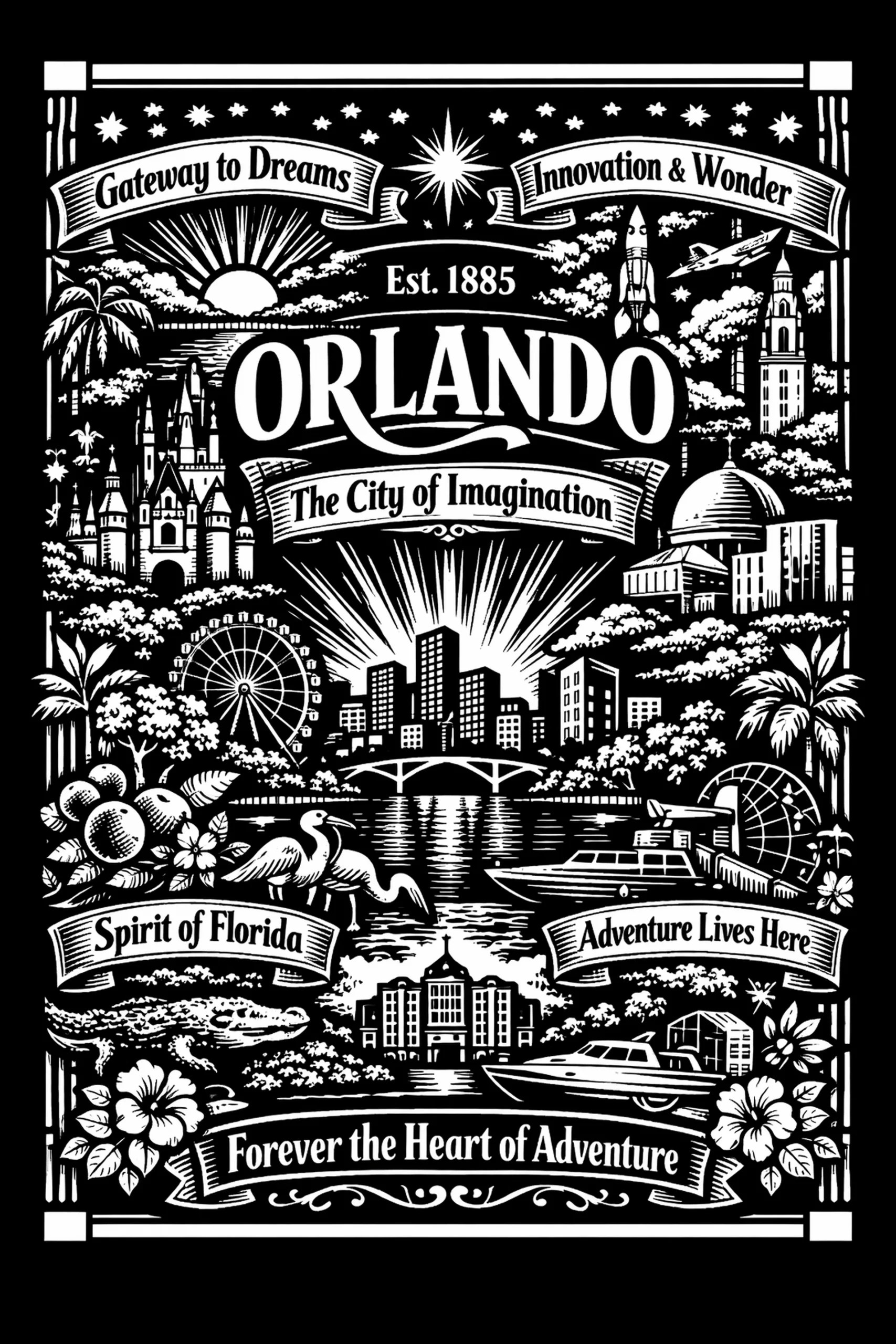 High-contrast white-on-black poster-style illustration showing the word ORLANDO over a sunburst and skyline with an arched bridge, surrounding vignettes including a castle, Ferris wheel, geodesic dome, boats, oranges.