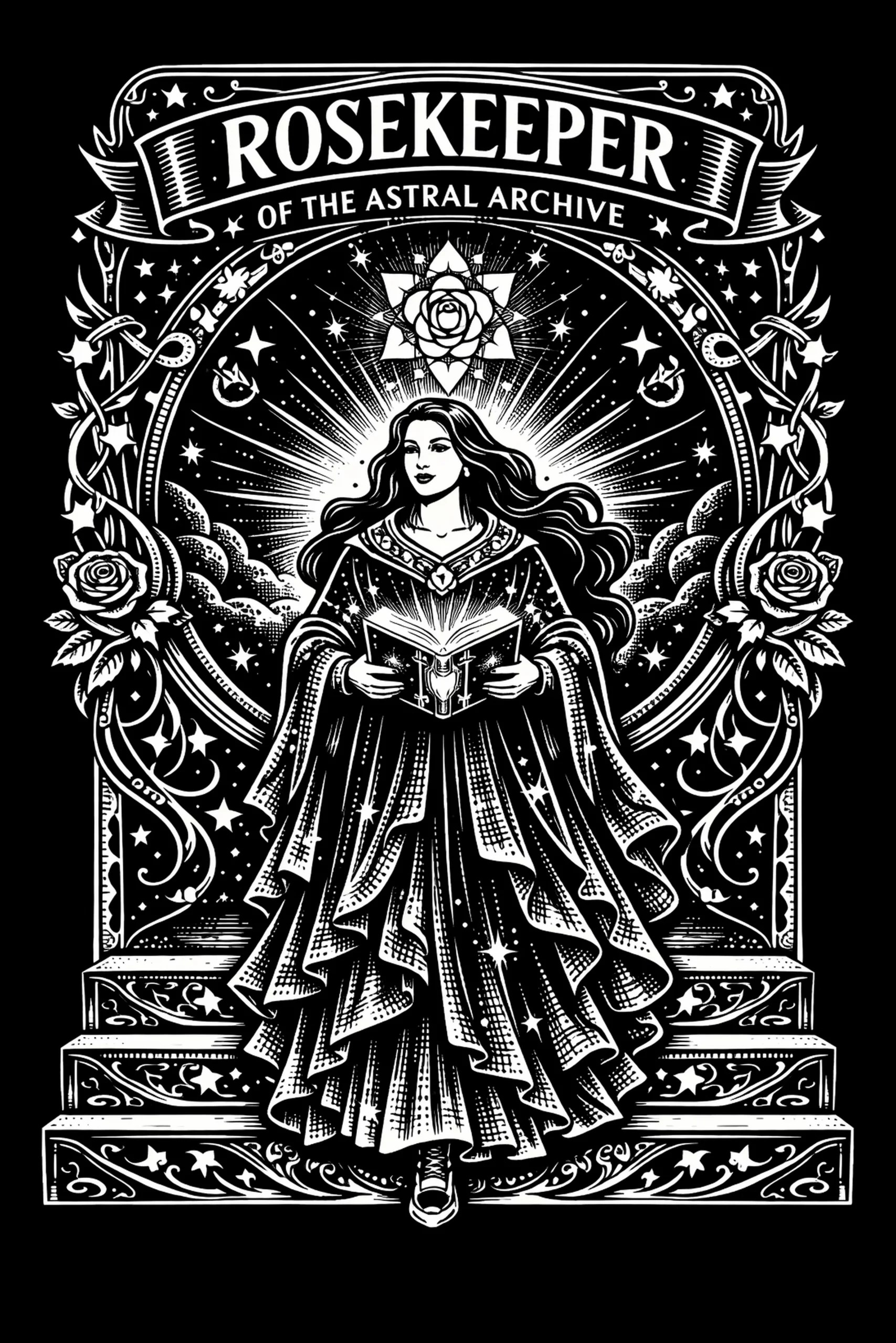 Monochrome vertical illustration of a robed female figure standing on three decorated steps, holding an open glowing book beneath a radiant rose-and-star emblem inside a semicircular arch with climbing vines and roses.