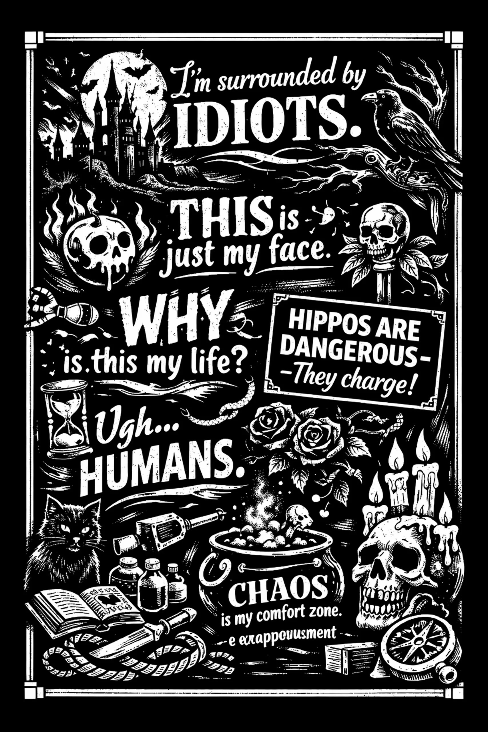 Vertical black-and-white illustration with bold white typography reading "I'm surrounded by / IDIOTS." and other phrases, set among a gothic castle and moon, a perched raven, floating skulls, a diagonal sign about.