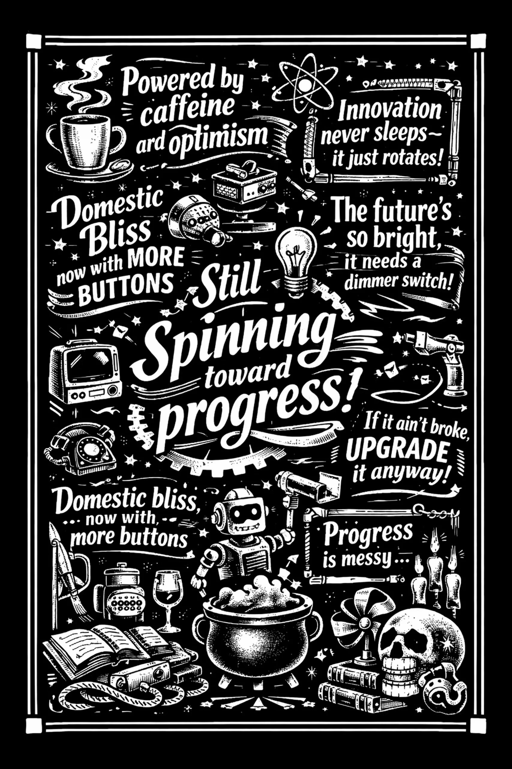 Vertical white-on-black illustration with the hand-lettered headline "Still Spinning toward progress!" centered amid a broken gear, vintage electronics, a steaming cup, cassette, lightbulb, rotary phone, a bubbling.