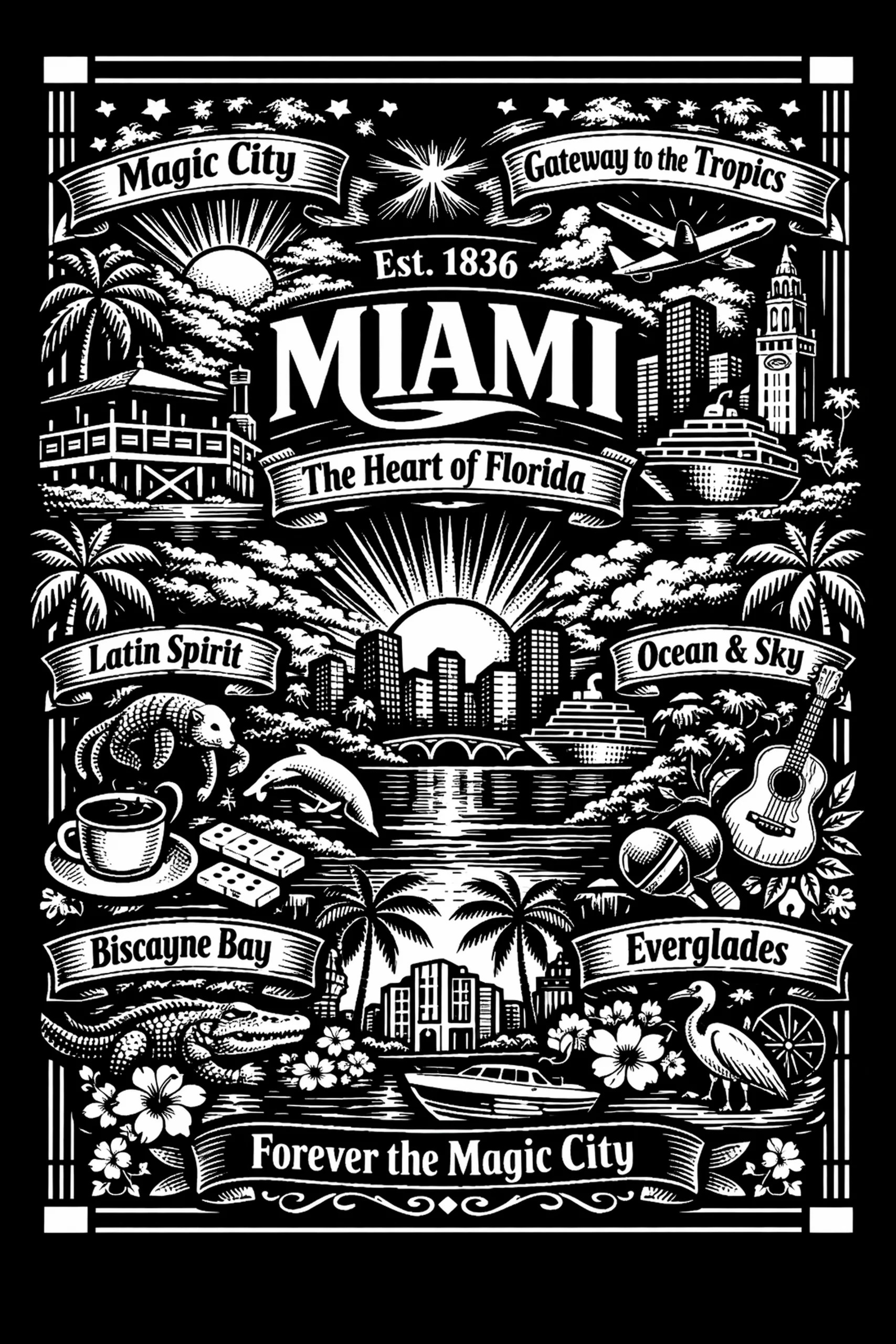 Vertical black-and-white engraved illustration with the large word MIAMI above a rising sun and city skyline, framed by palm trees, a cruise ship, motorboat, banners reading local place names, an armadillo, guitar and.