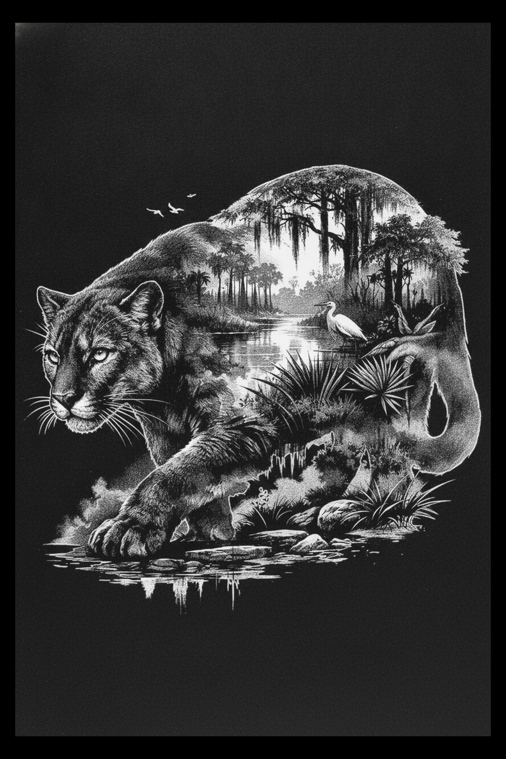 Monochrome illustration of a reclining puma silhouette containing an interior swamp scene with a standing heron, reflective water, trees with hanging moss, and a prominent forepaw on stones at the shoreline.